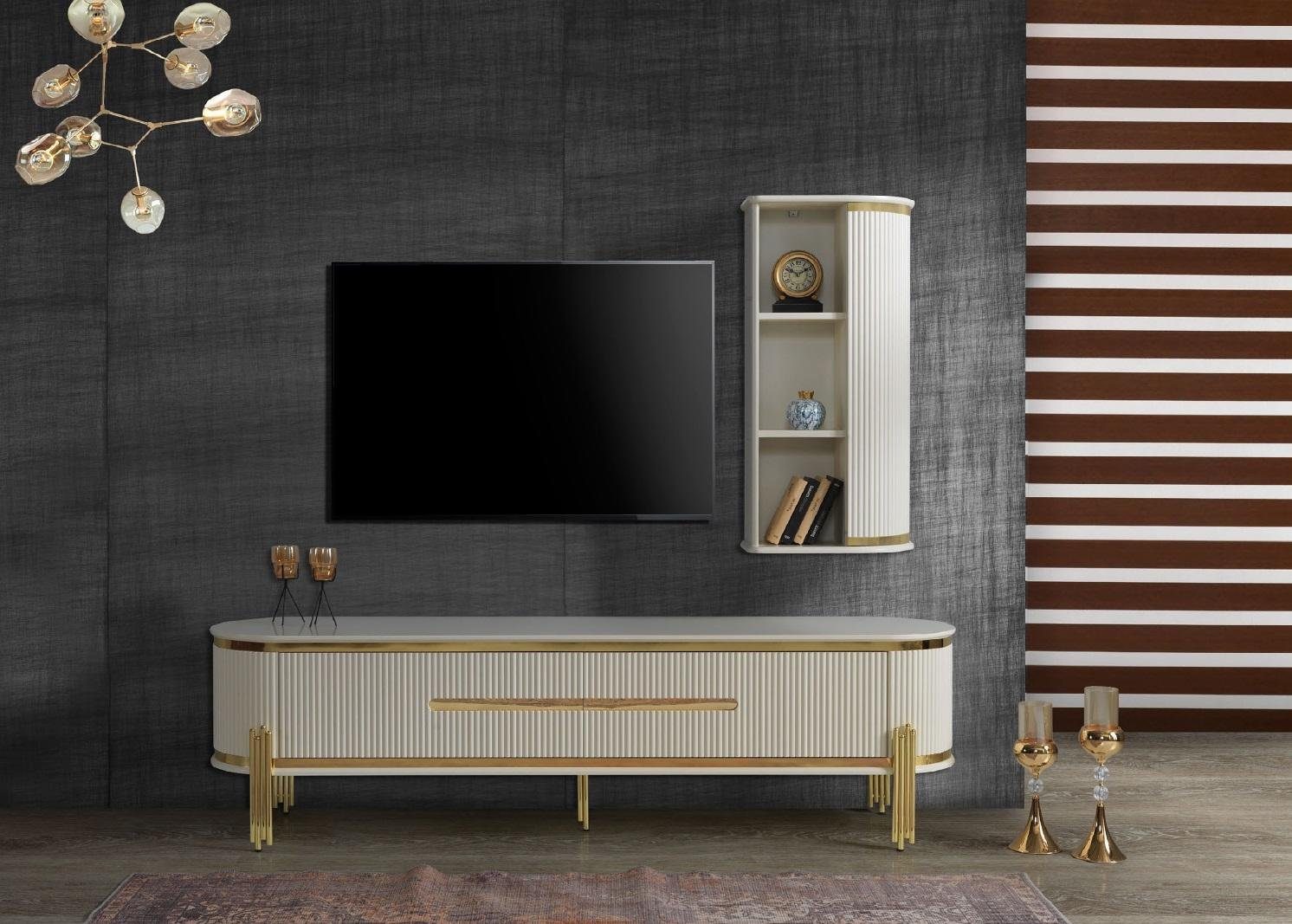 Lowboard Elegantes TV-Standmöbel in Weiß mit goldenen Edelstahlfüßen