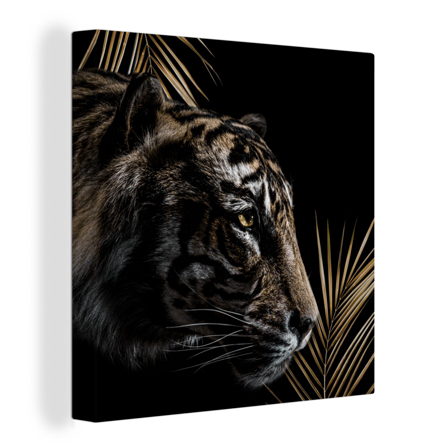 OneMillionCanvasses® Leinwandbild Tiger - Farn - Schwarz, (1 St), Leinwand Bilder für Wohnzimmer Schlafzimmer