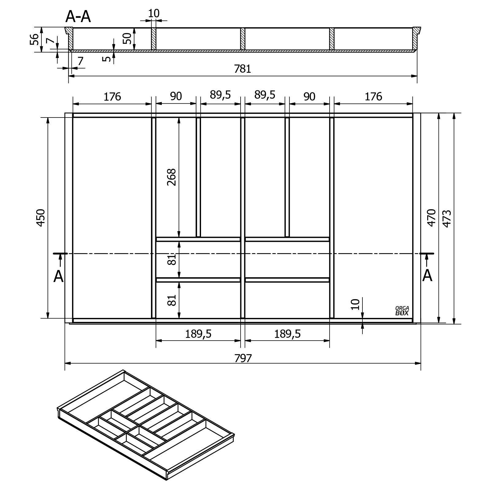 SO-TECH® Besteckeinsatz Bambus Besteckkasten ORGA-BOX 3 für Nobilia-Küche ab 08/2012, für 90er Schublade (473 x 797 mm) mit 10 Fächern – Bild 5 von 5