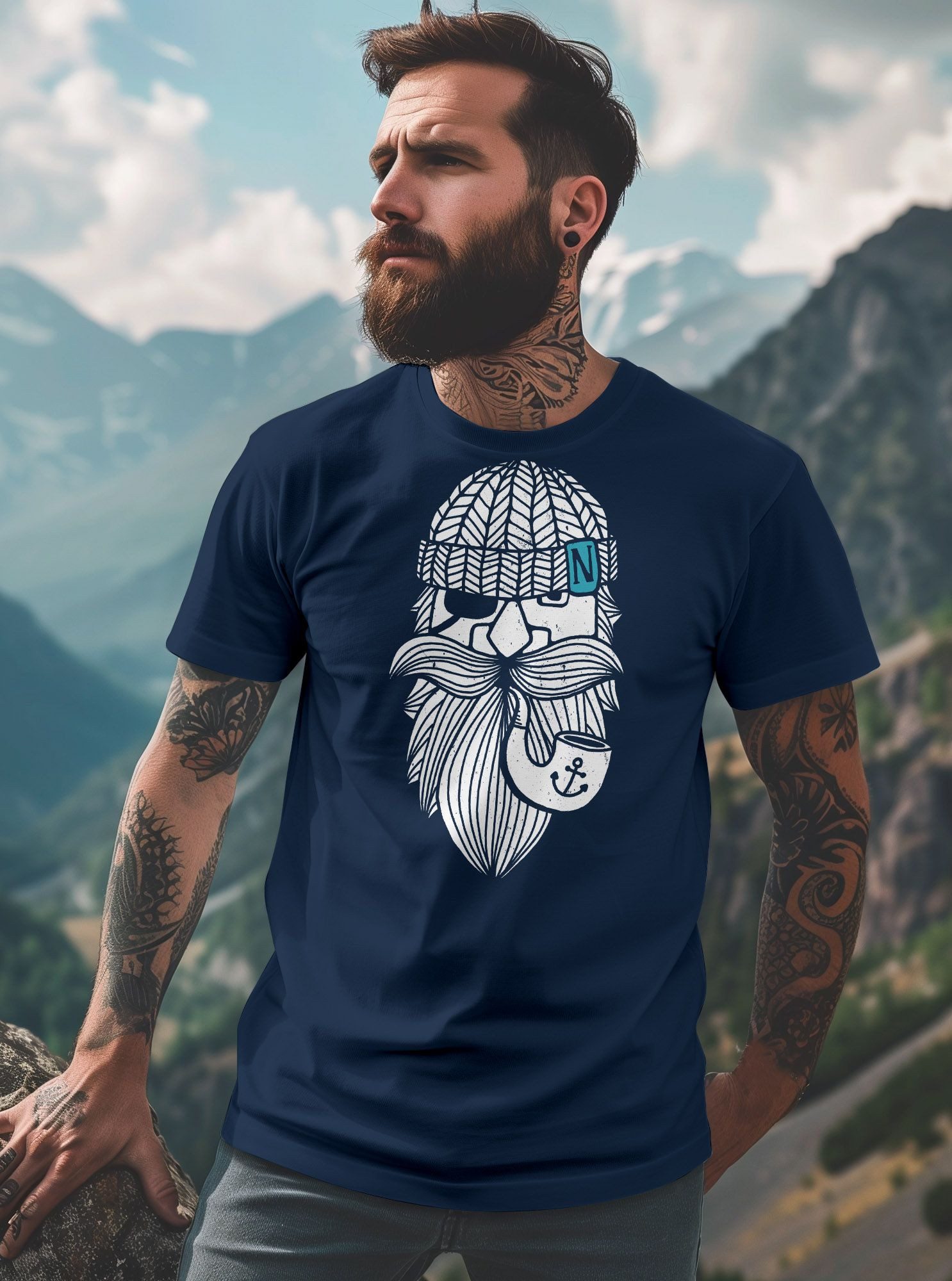 Neverless Print-Shirt Herren T-Shirt Printshirt Seemann Bart Seefahrer Nordisch Maritim mit Print
