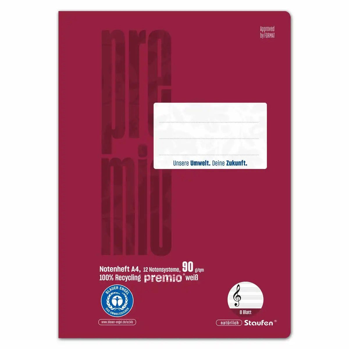 Schulheft Staufen Notenheft premio Lineatur N 12 Notensysteme 8 Blatt 90g/m² DIN