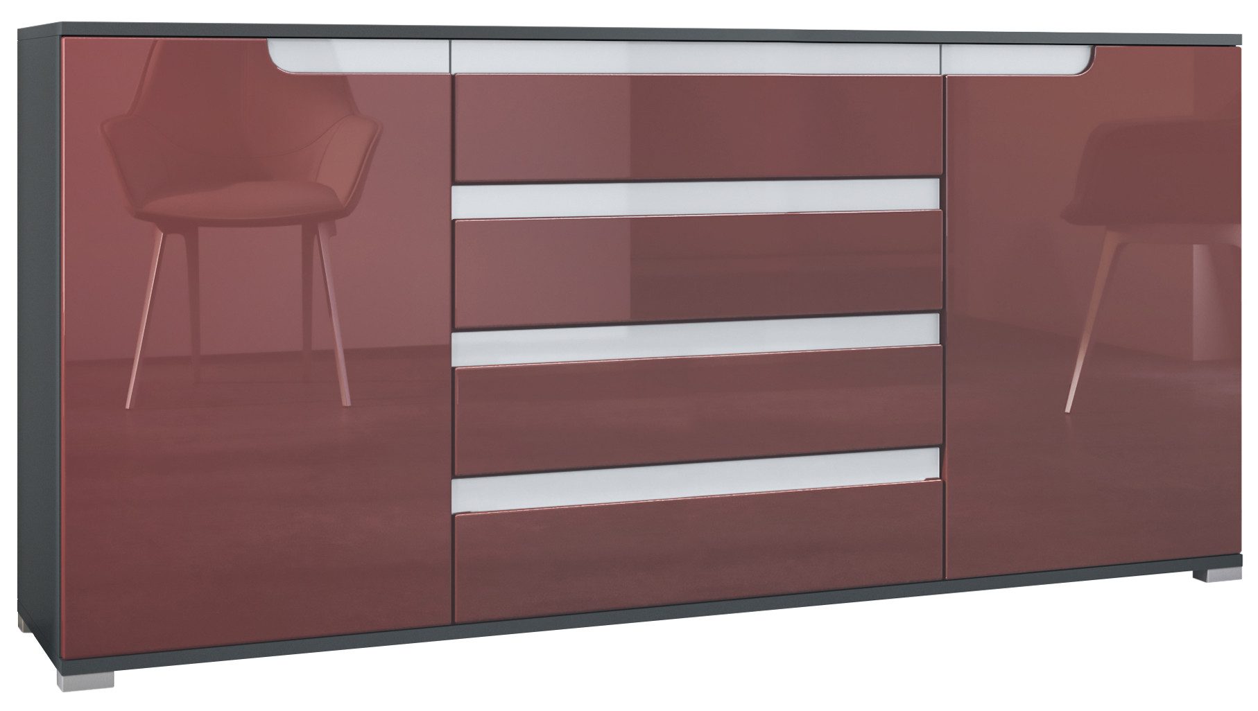 Vladon Sideboard Sylt V2 (Kommode mit 2 Türen und 4 Schubladen, Korpus - Anthrazit matt / Front - Bordeaux Hochglanz), Absetzung - Weiß Hochglanz (166,5 x 75,5 x 35 cm)