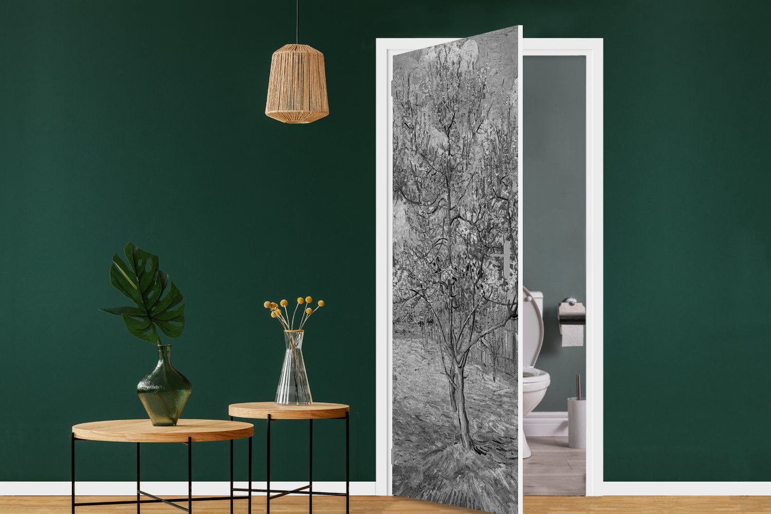- MuchoWow cm für Blühender - van Schwarz St), 75x205 Pfirsichbaum und Matt, bedruckt, (1 Vincent Fototapete Türaufkleber, weiß, Türtapete Tür, Gogh