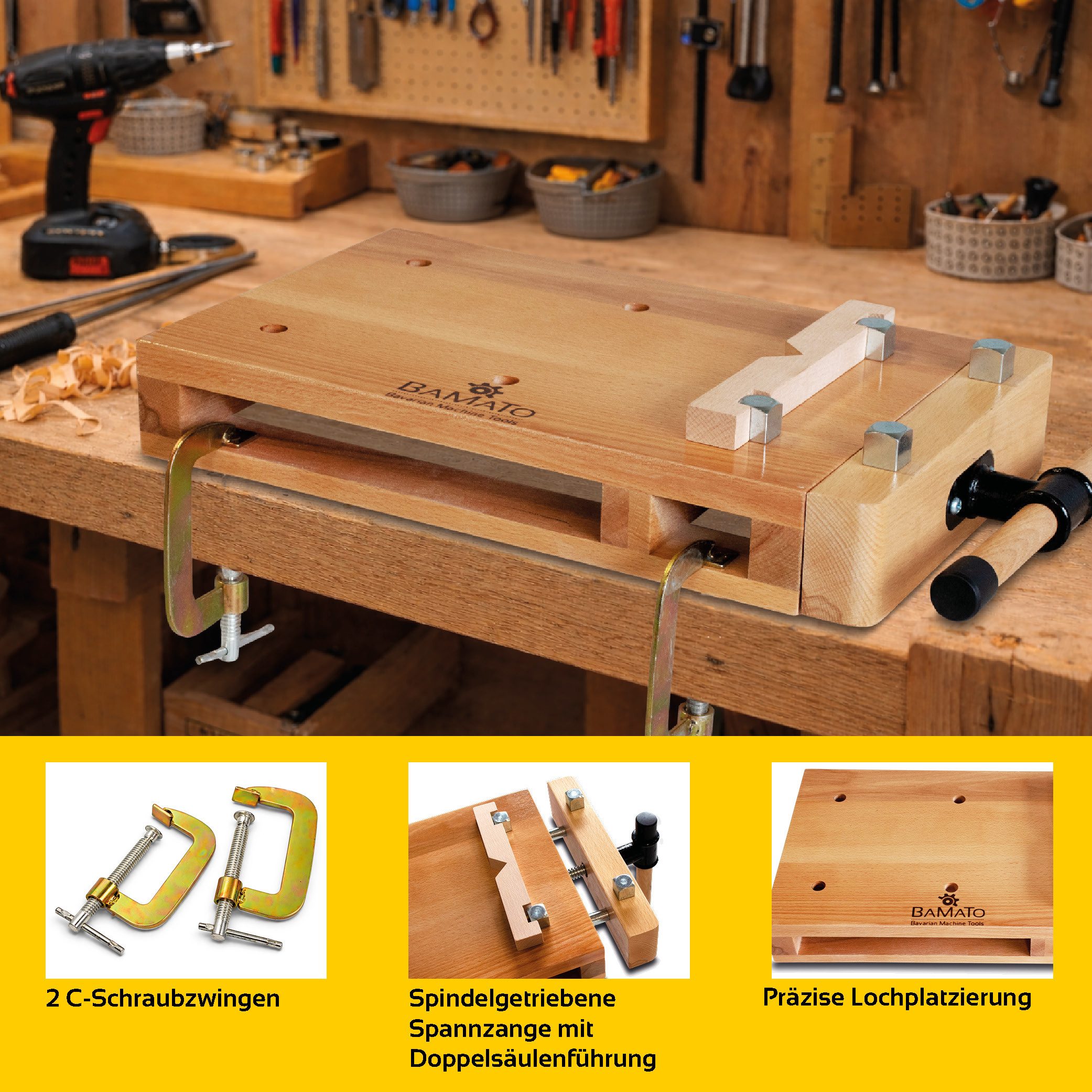 BAMATO Hobelbank WORK-530, (1-tlg), 1x Spannzange, 4x Bankhaken, Massivholz Hobelbank, Mini-Hobelbank