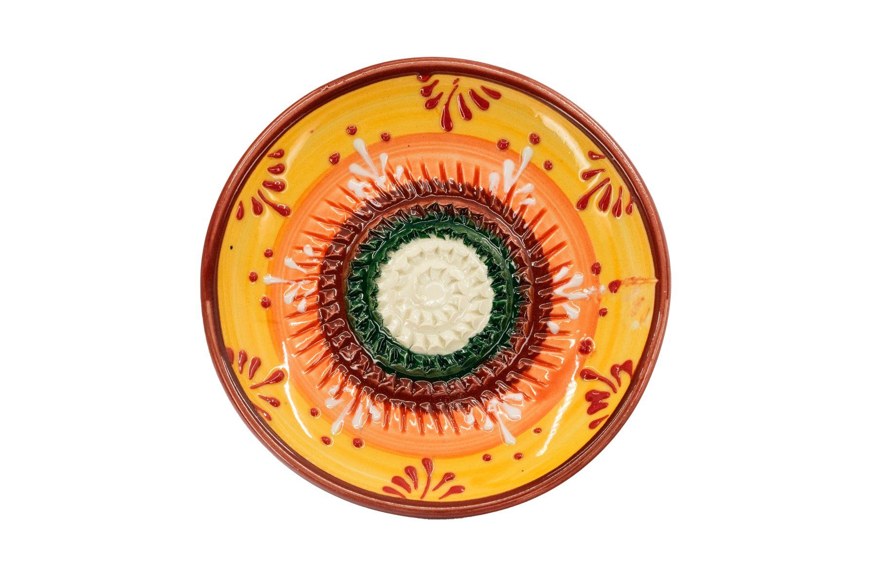 Kaladia Multireibe 12cm Keramik, Reibeteller - in orange, in handbemalte grün, Made Spain & Küchenreibe gelb