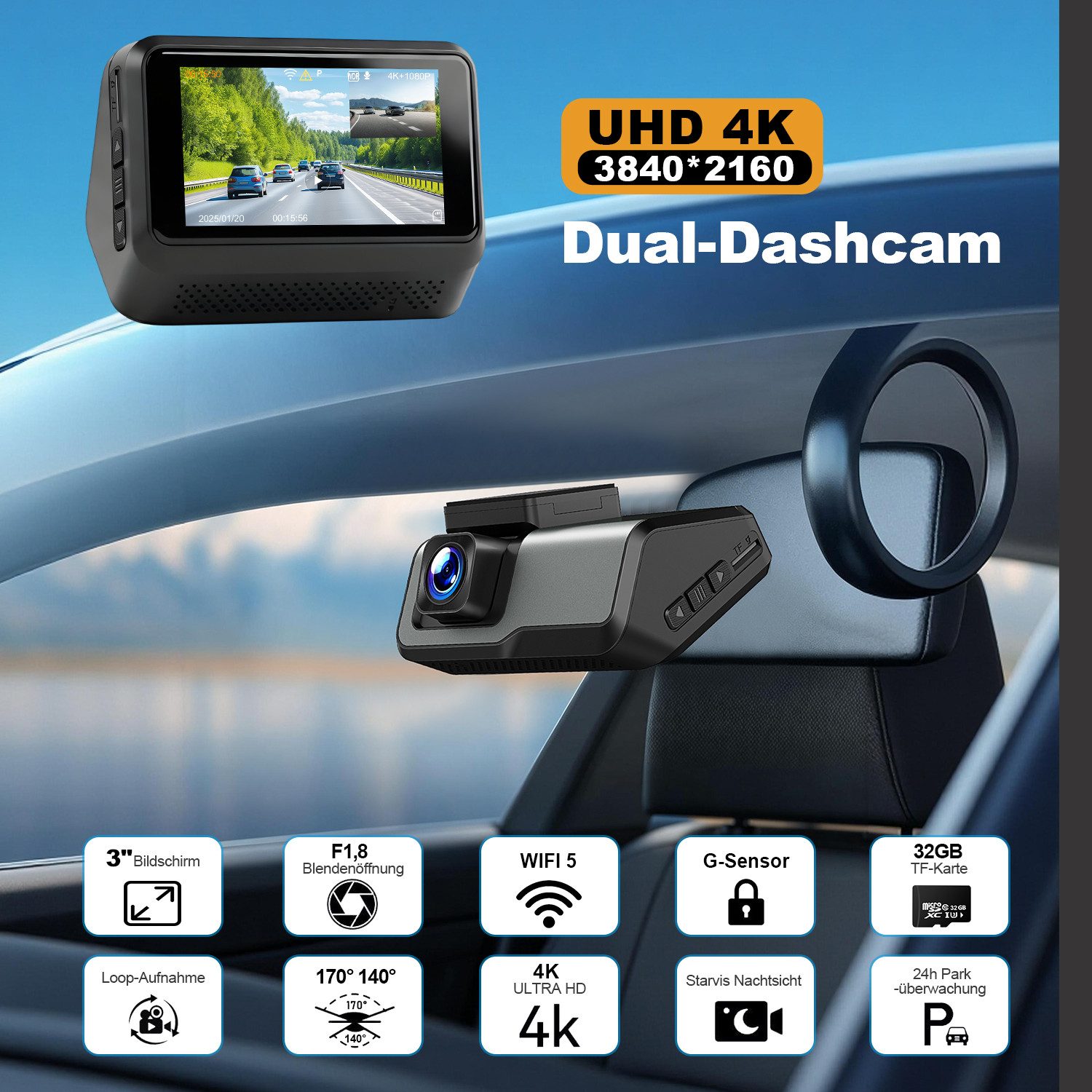 CkeyiN Dashcam Auto 4K 1080P 2-Kanal 170° Weitwinkel mit 32GB TF-Karte WDR Dashcam (4K Ultra HD, 3'' IPS-Bildschirm, mit Nachtsicht, G-Sensor, Loop-Aufnahme Wifi App-Steuerung)