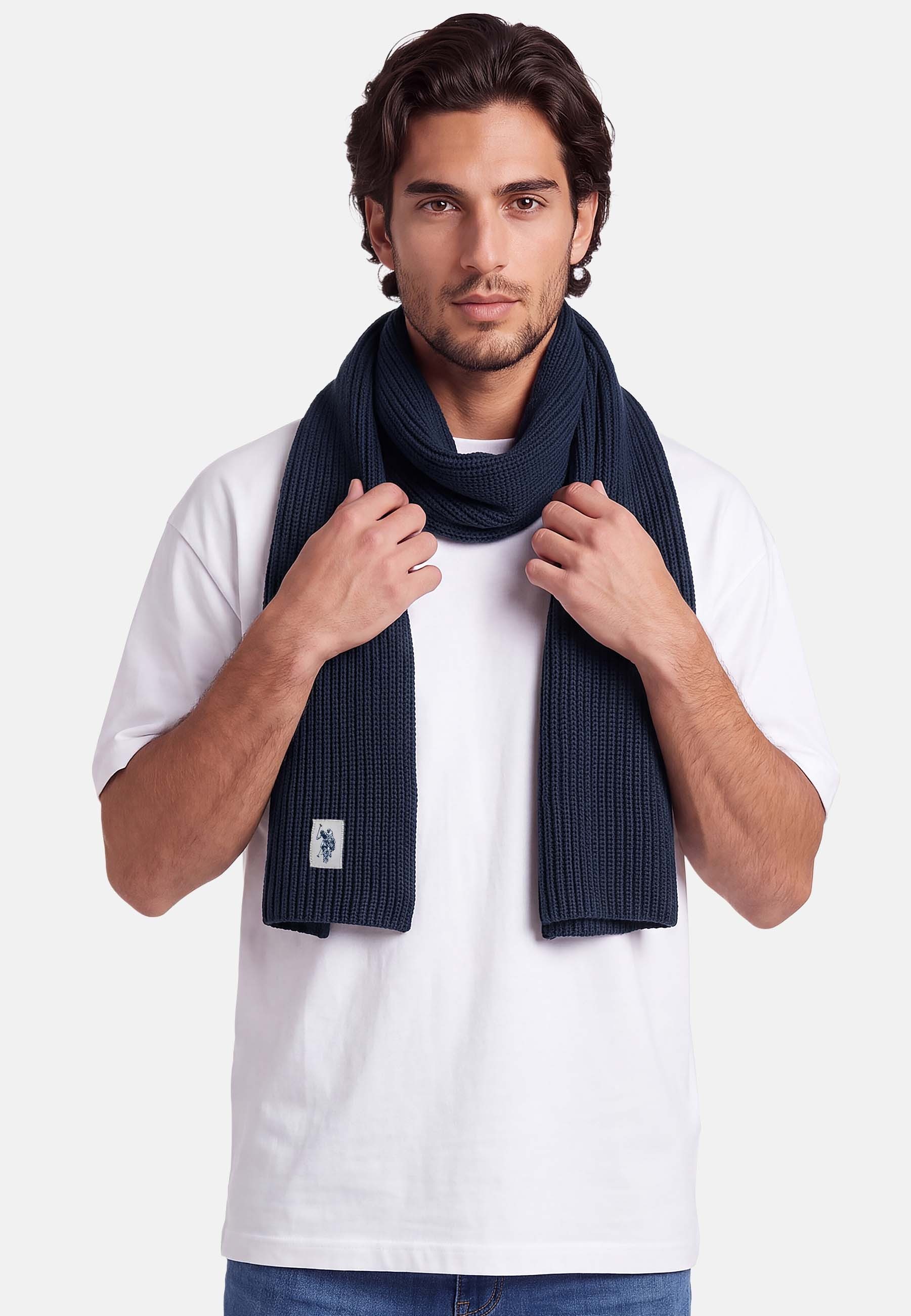 U.S. Polo Assn. Schal aus reiner Baumwolle mit Logo-Emblem, Weicher Herrenschal in klassischer Strickoptik für vielseitige Looks