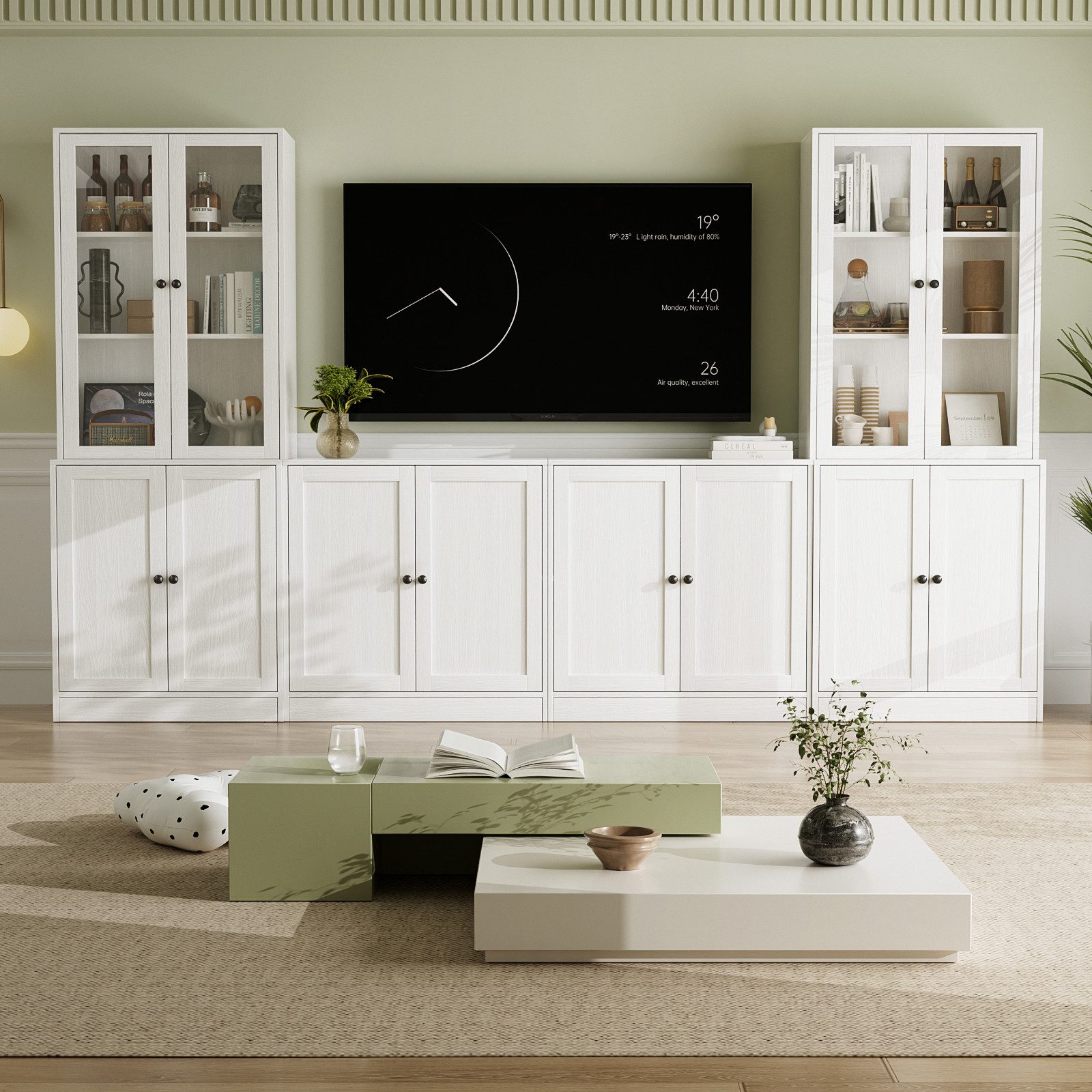 VOWNER TV-Schrank mit Bücherregalen für Fernseher bis zu 70 Zoll, 280 cm TV-Ständer (4-St) Wohnzimmer-Fernsehschrank mit gehärteten Glastüren und Einlegeböden