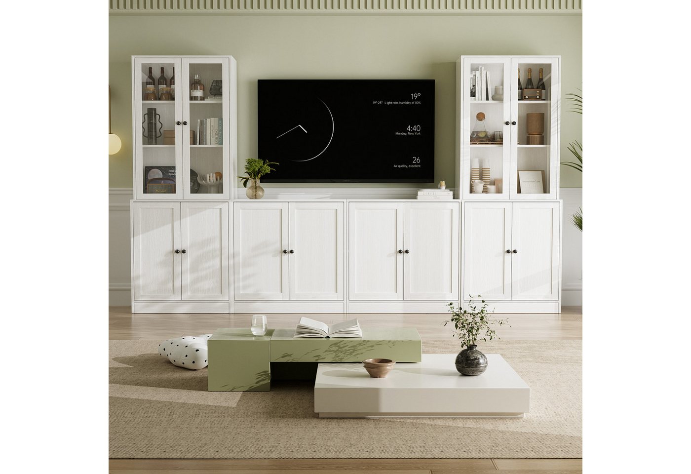 VOWNER TV-Schrank mit Bücherregalen für Fernseher bis zu 70 Zoll, 280 cm TV-Ständer (4-St) Wohnzimmer-Fernsehschrank mit gehärteten Glastüren und Einlegeböden