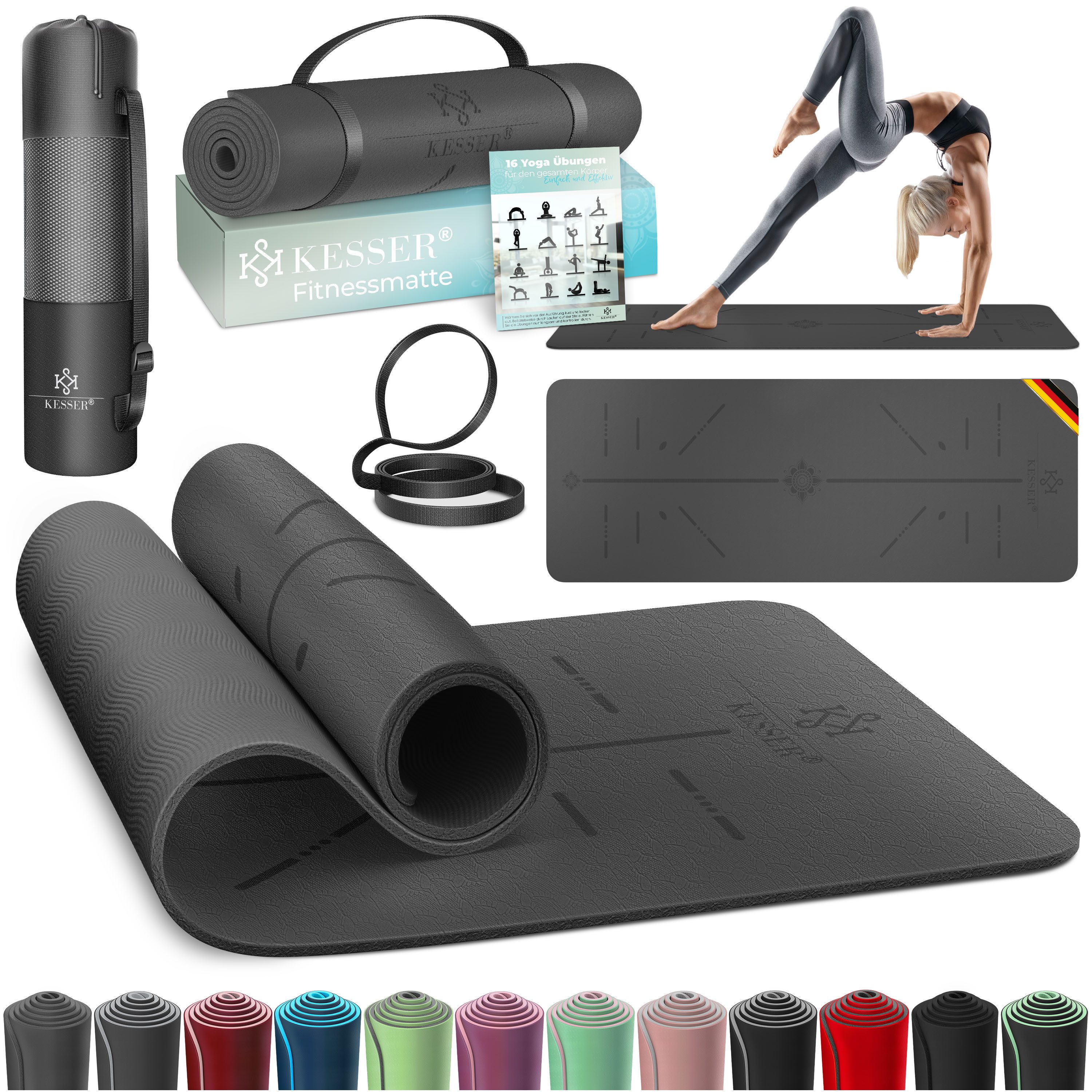 KESSER Yogamatte Gymnastikmatte gepolstert & rutschfest 183 x 61 cm Sportmatte, Trainingsmatte für Fitness, Pilates Gymnastik Workout & Yoga
