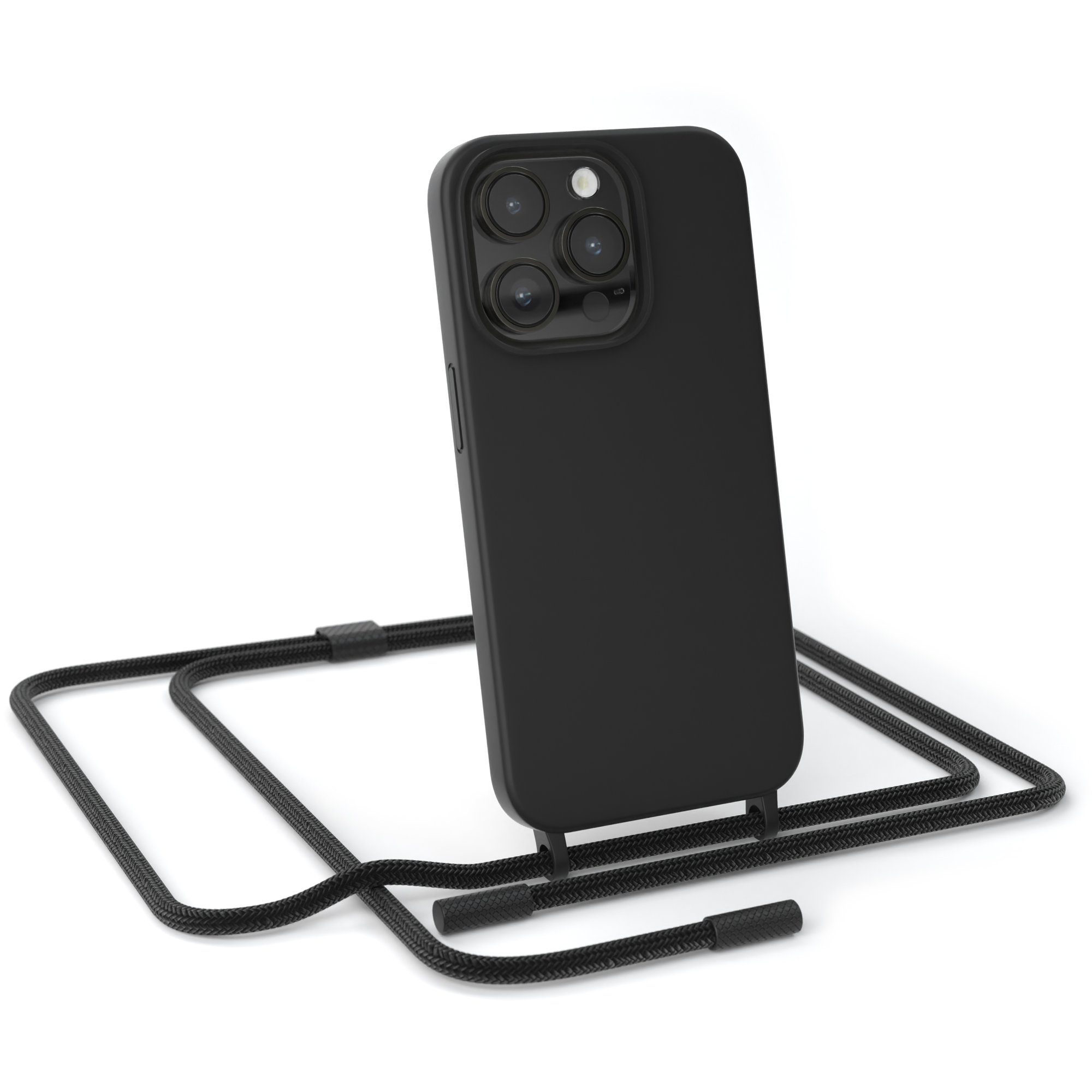 EAZY CASE Handykette Runde Kette für Apple iPhone 14 Pro 6,1 Zoll, Smartphonekette Cross Bag Silikonhülle Umhängetasche Necklace Schwarz