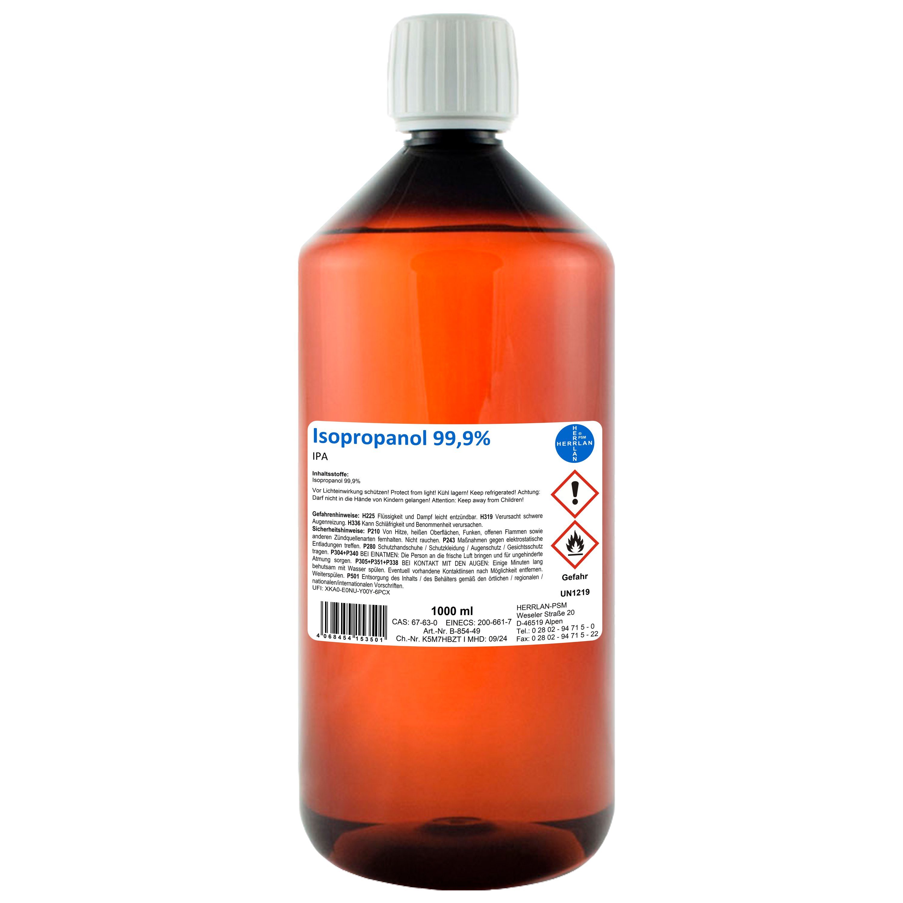 Reinigungsalkohol Isopropanol HERRLAN Germany) - Fettlöser & 99,9% ml, [- Qualität Lösungsmittel in Made (1000