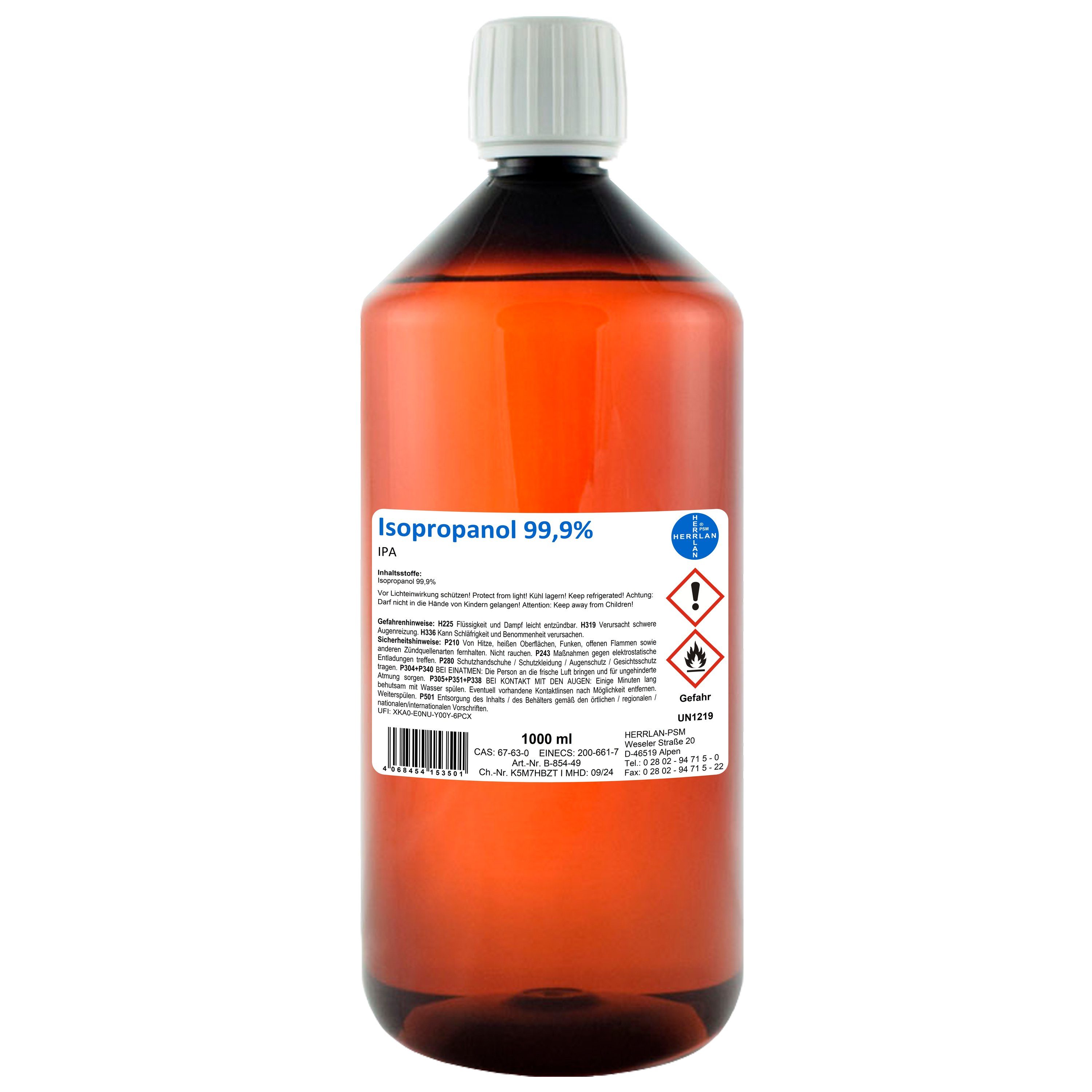 HERRLAN Isopropanol 99,9% Reinigungsalkohol (1000 ml, [- Fettlöser &  Lösungsmittel - Qualität Made in Germany)