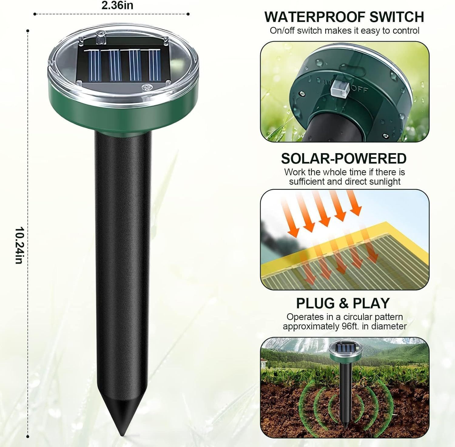 FELIXLEO Vibrations-Tierabwehr 4 Stück Solar Ultraschall Maulwurftreiber Wasserdicht Vertreibt, 8-tlg. – Bild 4 von 5