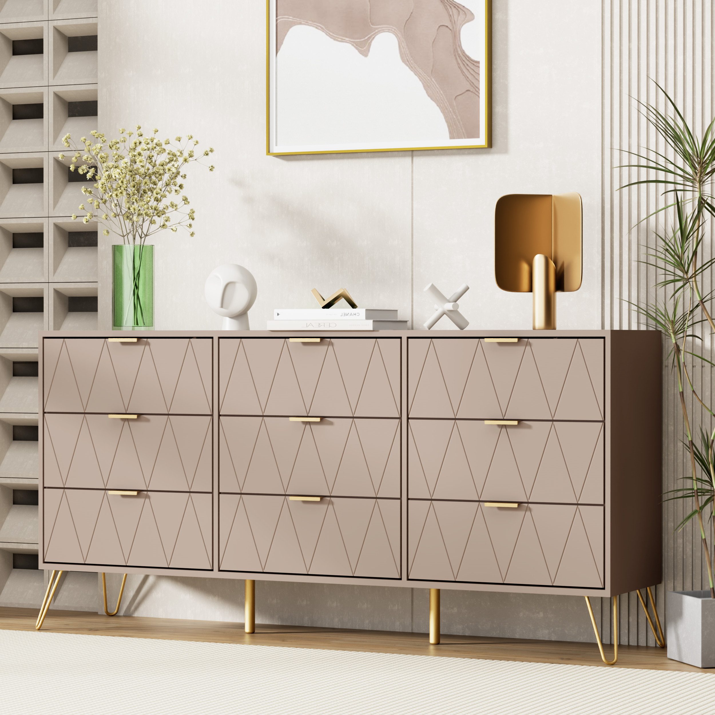 UEV Schlafzimmer-Set 3er-Set Schlafzimmermöbel, Möbelset im skandinavischen Stil, (Modern Linienmuster, Kommode mit 9 Schubladen und 2er-Set Nachttisch), Schran – Bild 4 von 5