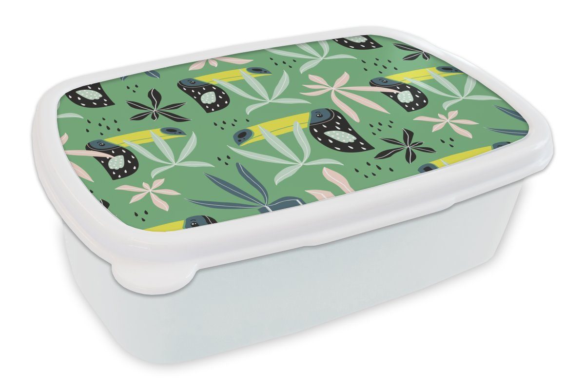MuchoWow Lunchbox Tukan - Blätter - Dschungel, Kunststoff, (2-tlg), Brotbox für Kinder und Erwachsene, Brotdose, für Jungs und Mädchen weiß