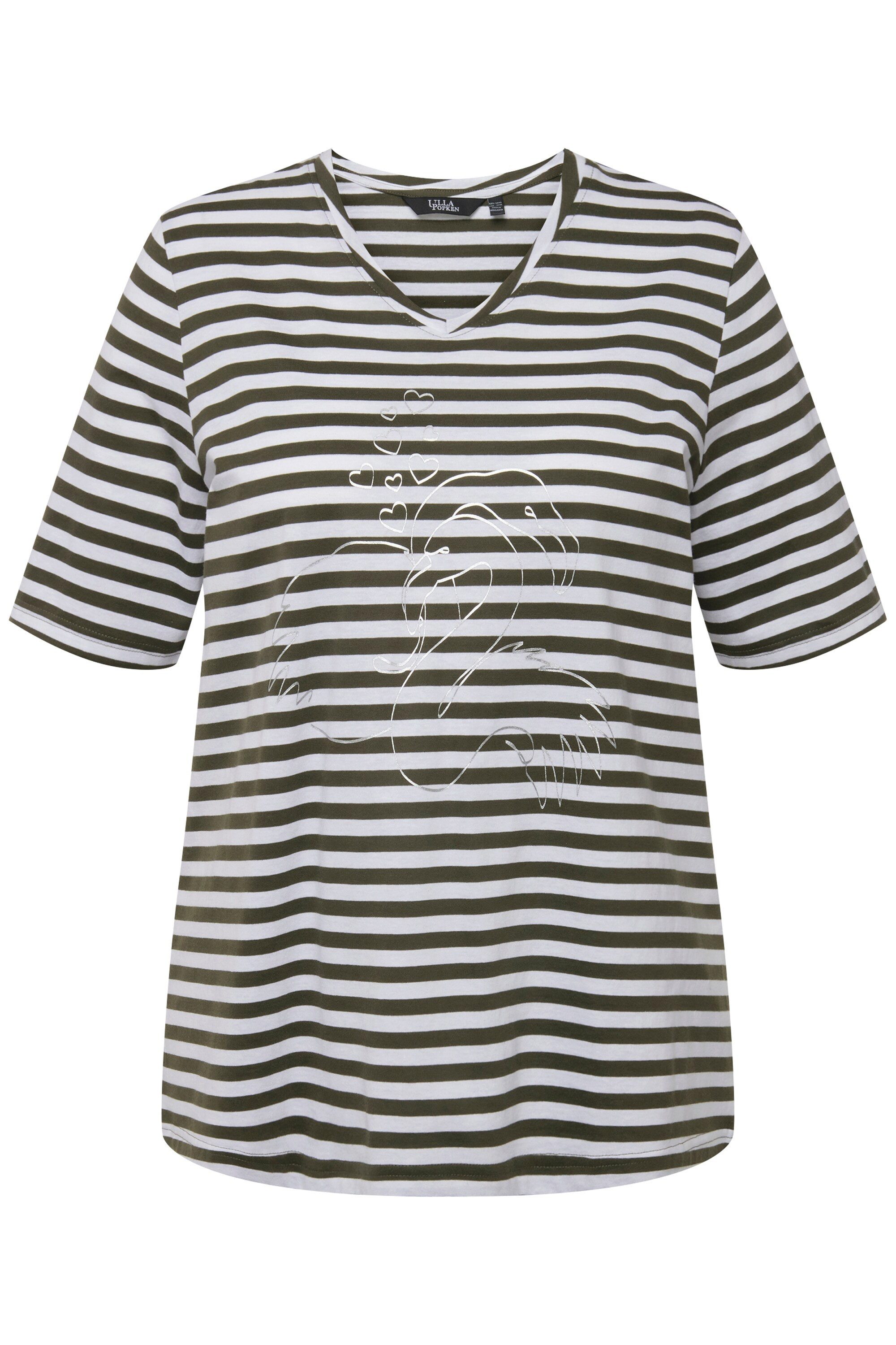 Ulla Popken Rundhalsshirt Shirt Ringel Metallic-Tier V-Ausschnitt Halbarm günstig online kaufen