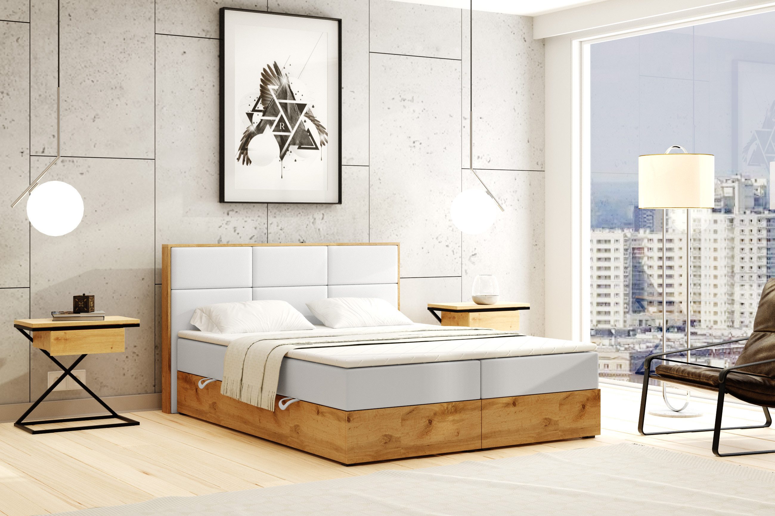 Labett Boxspringbett aus Holz im Loft-Stil LOLY 140x200 160x200 180x200 200x200 (2 Bettkästen, Topper), 7-Zonen Taschenfederkernmatratze H3 oder H4