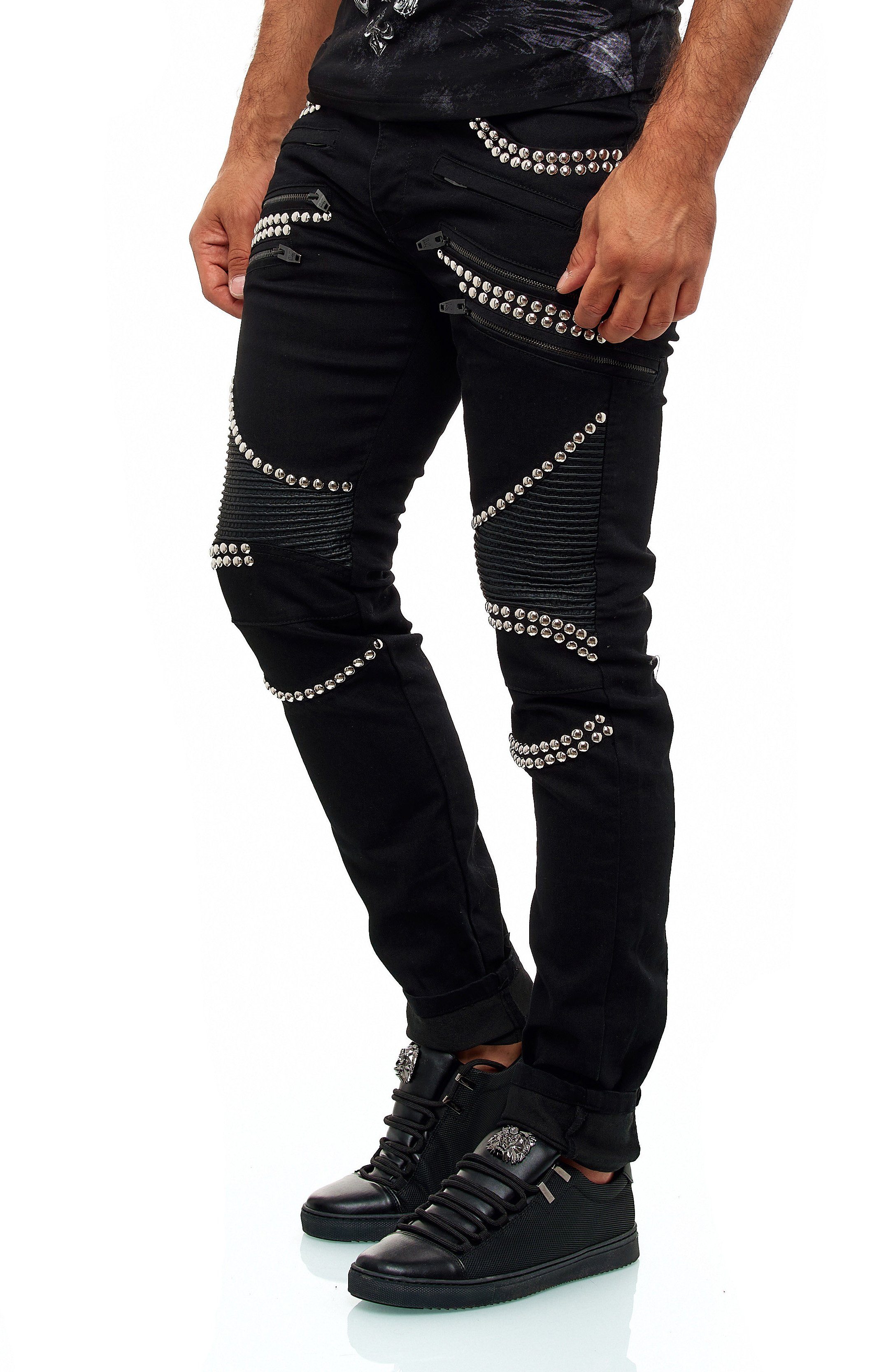 KINGZ Slim-fit-Jeans im Patchwork Biker-Stil