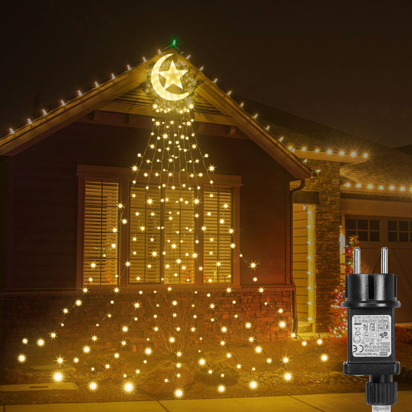 Laybasic LED-Lichterkette LED-Lichterkette,Christbaumbeleuchtung,LED Weihnachtsbaum Lichterkette, 350-flammig, mit Topper Moon Star,Christbaumbeleuchtung,8-Modi,Timer,IP44 Warmes Weiß