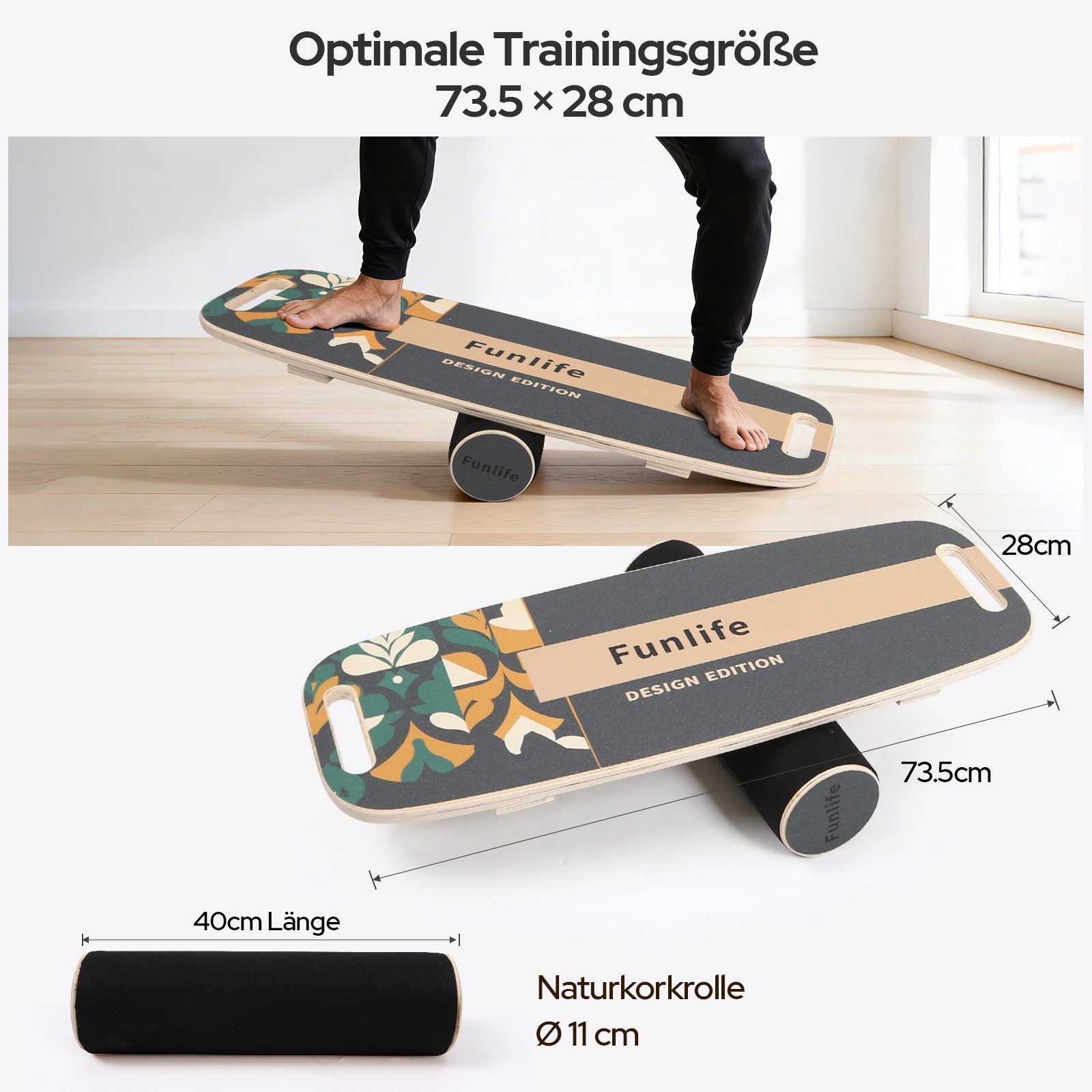 FunLife Balanceboard MOVE Design-Edition, 3-stufiges System, 18 mm Mehrschichtholz, mit Rolle, bis 150 kg