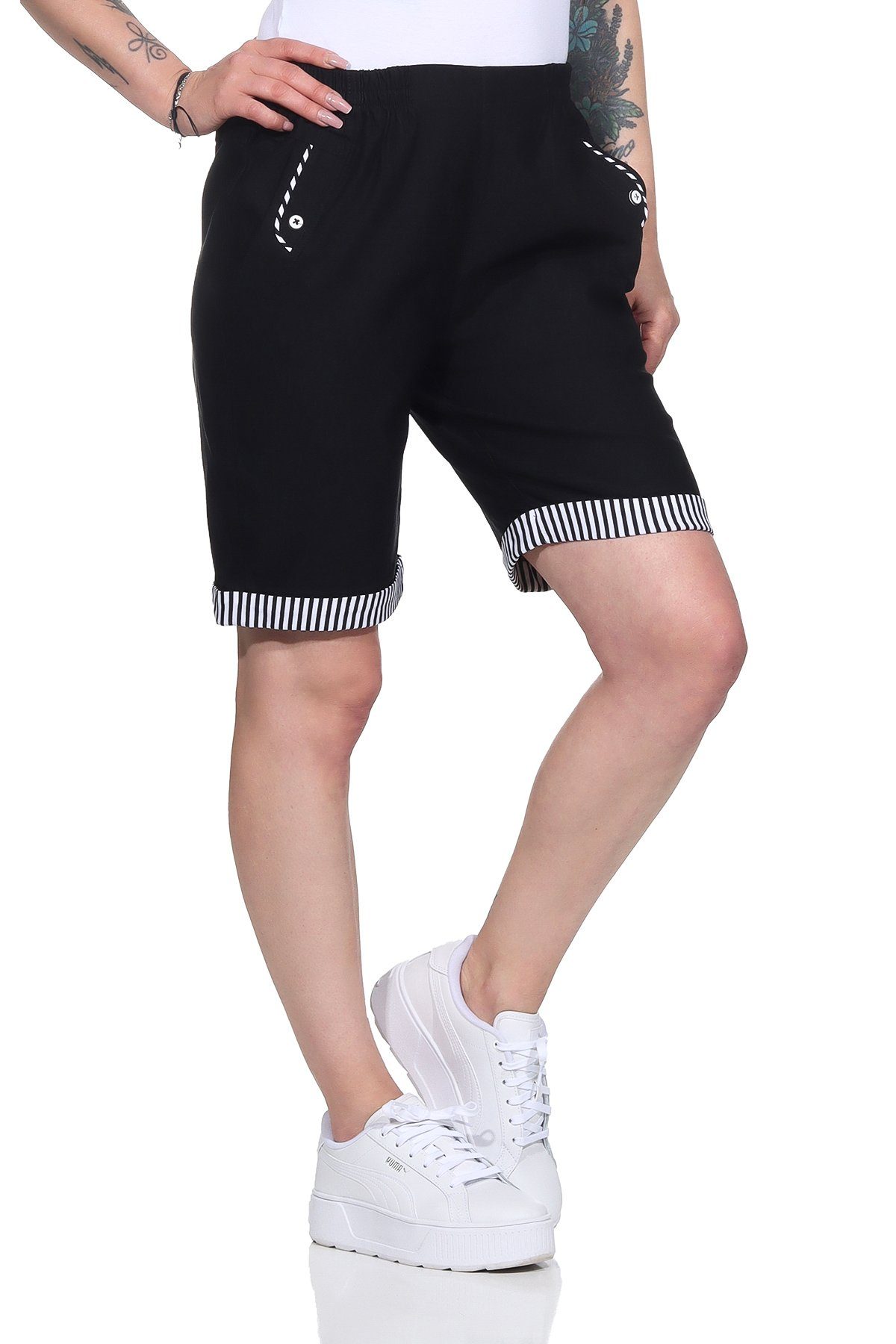 Bermuda mit Damenmode mit Details auch großen in elastischem Shorts Aurela Shorts Bund, Größen Sommer Schwarz Damen Strandbermuda maritimen Maritime erhältlich,