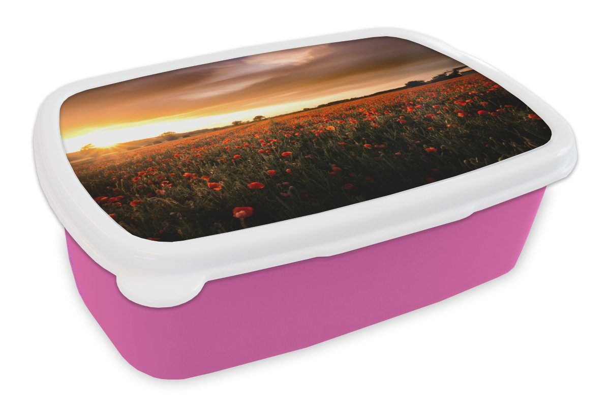 rosa in für MuchoWow Mohnblumen England, Snackbox, Sonnenuntergang Kunststoff Lunchbox Kinder, Mädchen, (2-tlg), Erwachsene, den Brotbox Kunststoff, Brotdose über