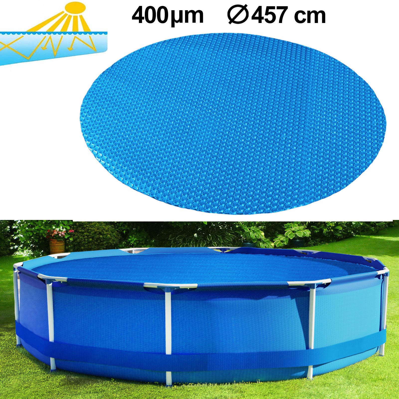 Solarabdeckplane 400µm Pool Poolheizung Solarfolie Abdeckung Rund Blau Blau 457cm