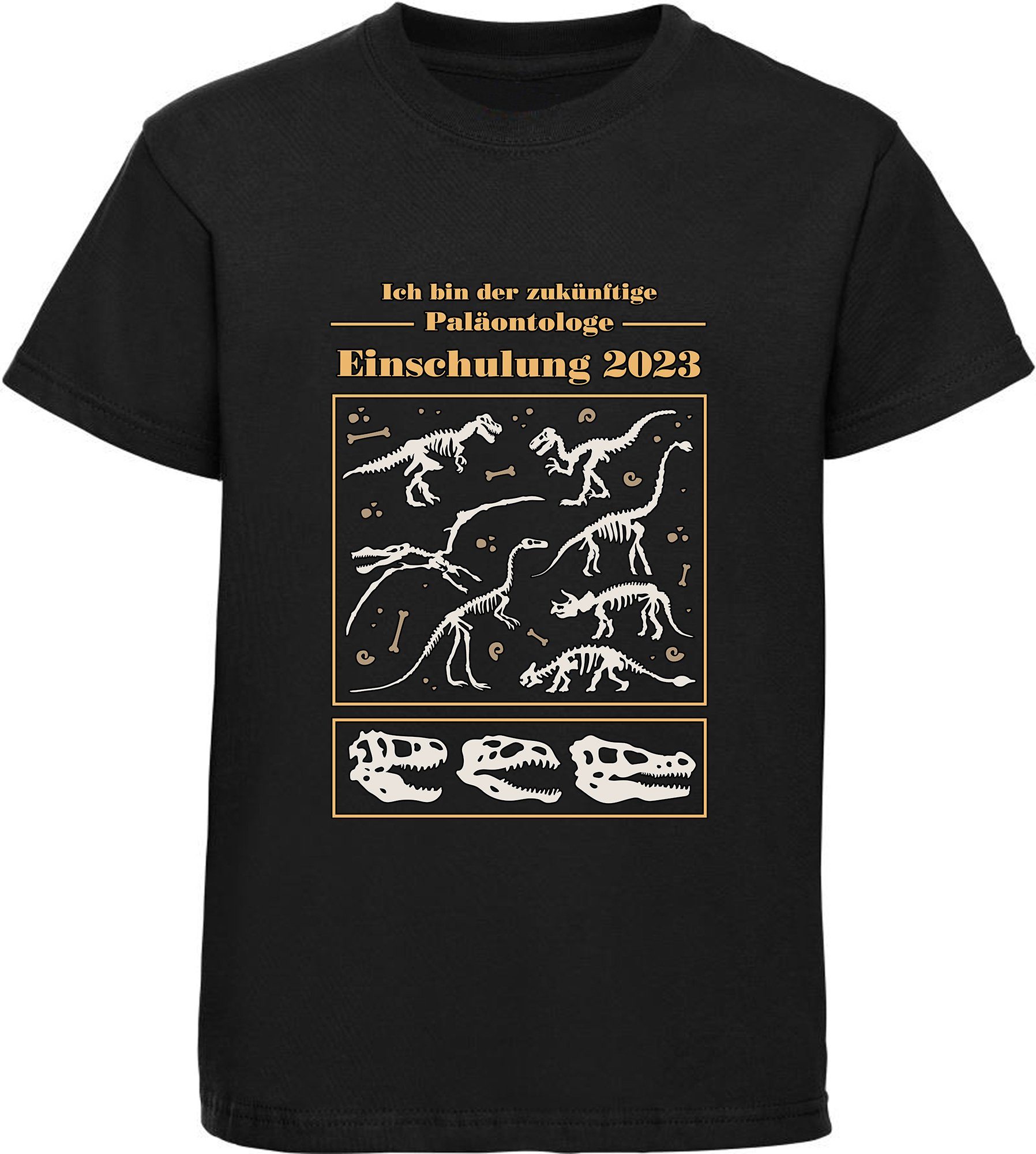 MyDesign24 Print-Shirt Dino Einschulung Skeletten schwarz, blau, T-Shirt weiß, mit Baumwollshirt bedrucktes Paläontologe rot, 2023, zukünftige i36 Kinder