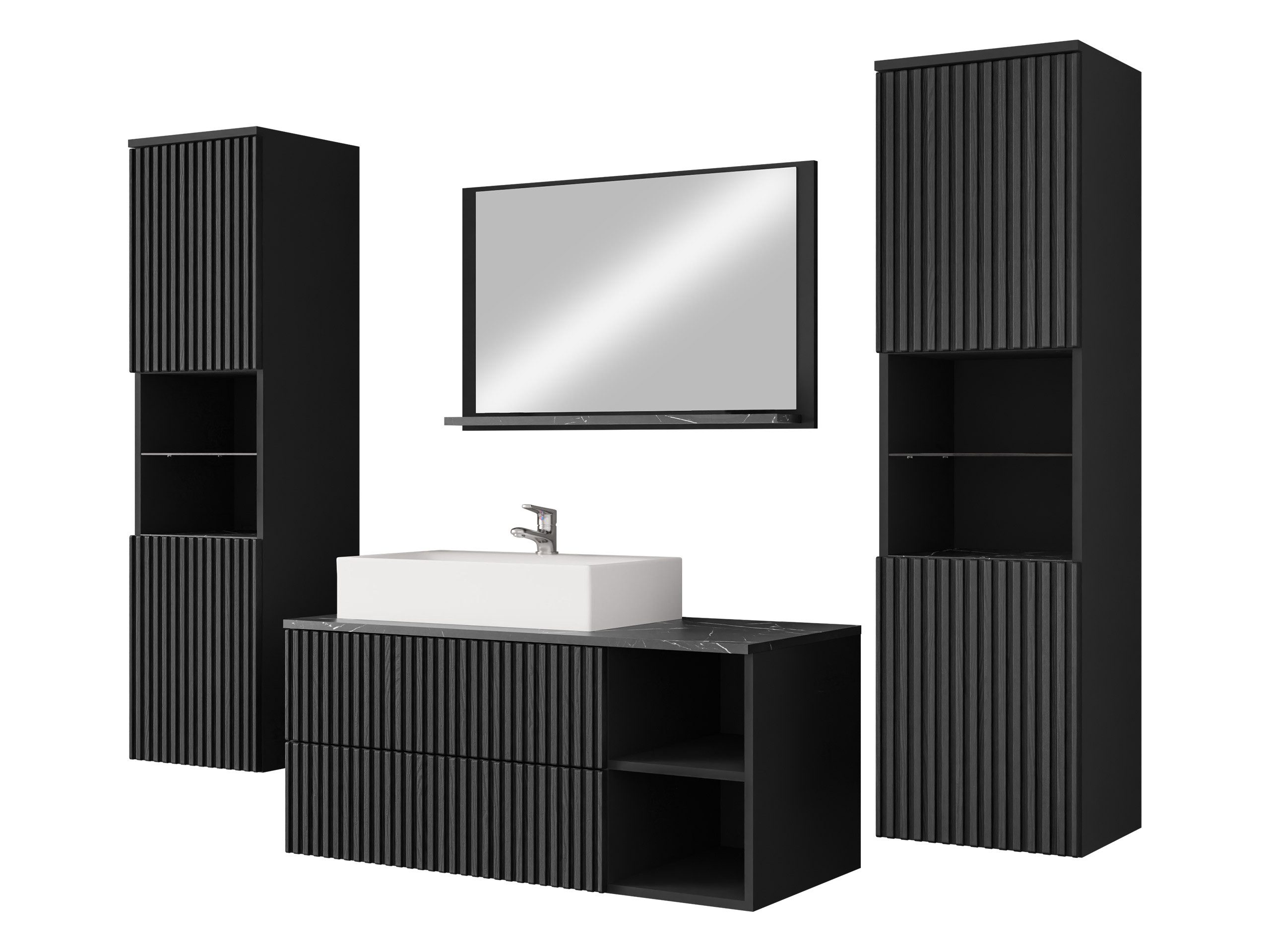 MIRJAN24 Badmöbel-Set Kertos Rillen III, (5er-Set, Spiegel, Waschbeckenschrank, Waschbecken, 2x Schrank), Fronten gefräst, Siphon