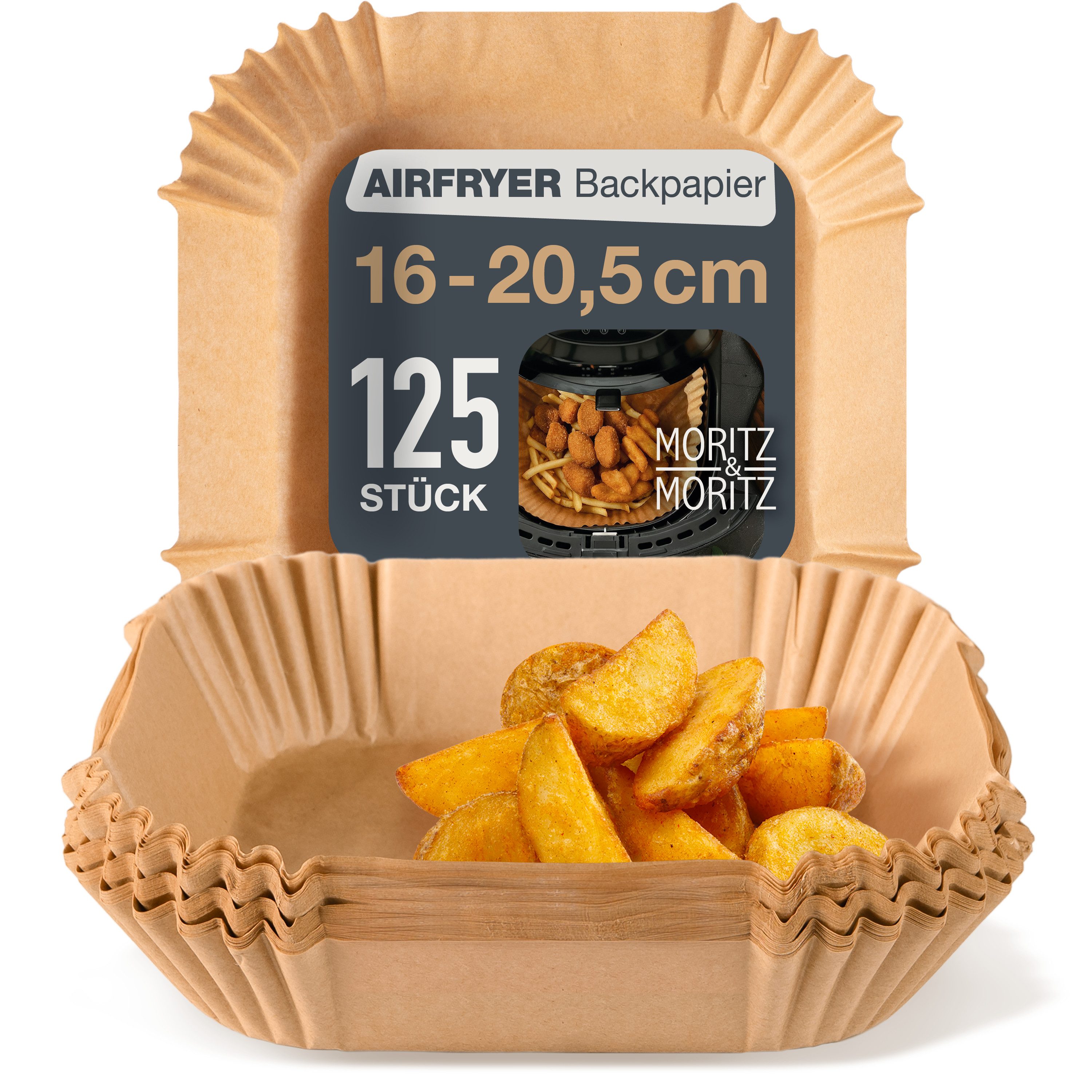 Moritz & Moritz Backpapier für Airfryer 125Stk. Backpapier Eckig 16x16 cm, 125Stk. für 5-8 L Heißluftfritteuse & Backofen
