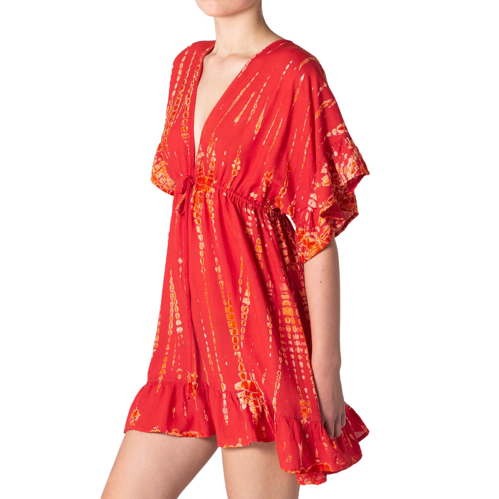 PANASIAM Tunikakleid kurzes Sommerkleid aus natürlicher Viskose mit V Ausschnitt Boho-Kleid Damen Strandkleid Minidress mit Volants Ethno Beach Dress Tunikakleid