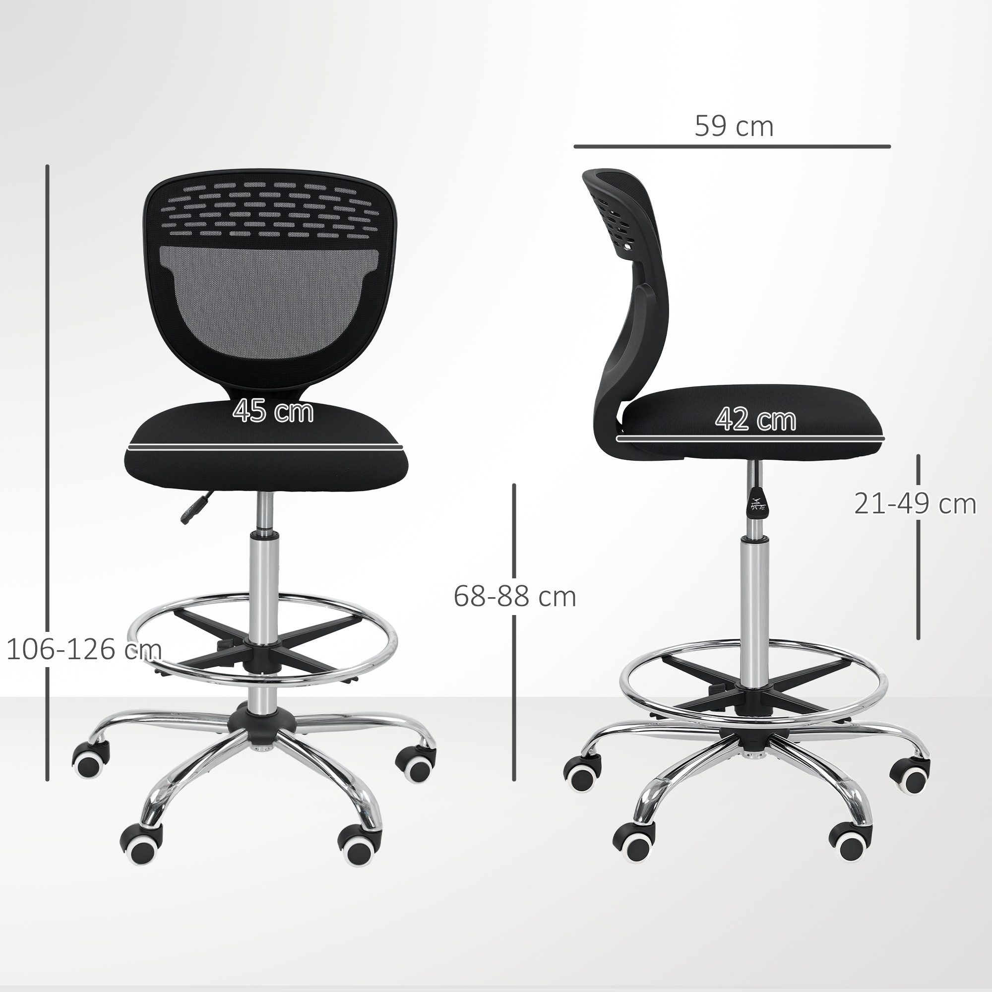 Vinsetto Schreibtischstuhl Bürostuhl Ergonomisch mit verstellbarer Fußring (Computerstuhl, 1 St), mit Netzbespannung, Office Chair, Drehstuhl Schwarz