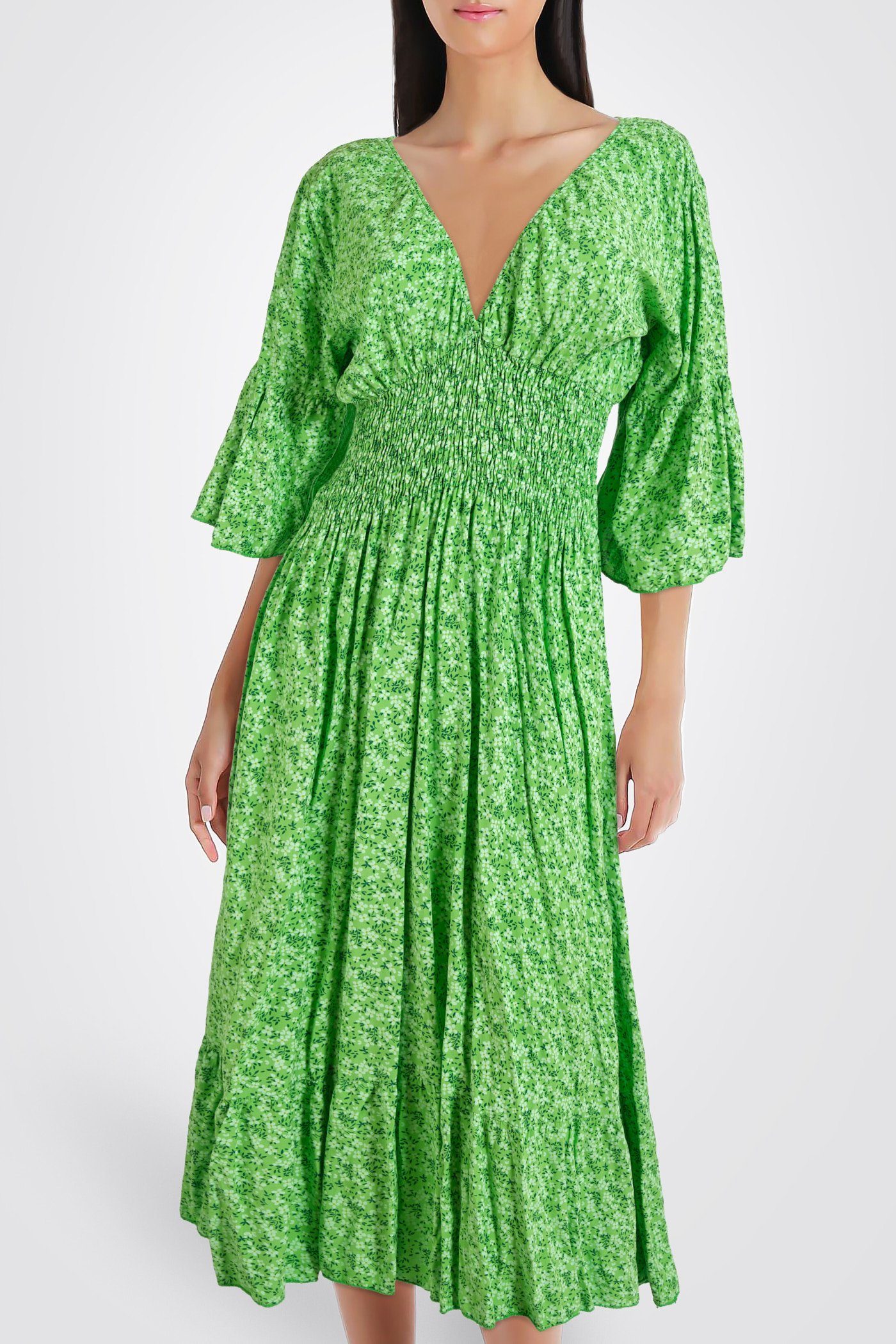 PEKIVESSA Sommerkleid Midikleid tiefer V-Ausschnitt Blümchenmuster (1-tlg) gesmokt