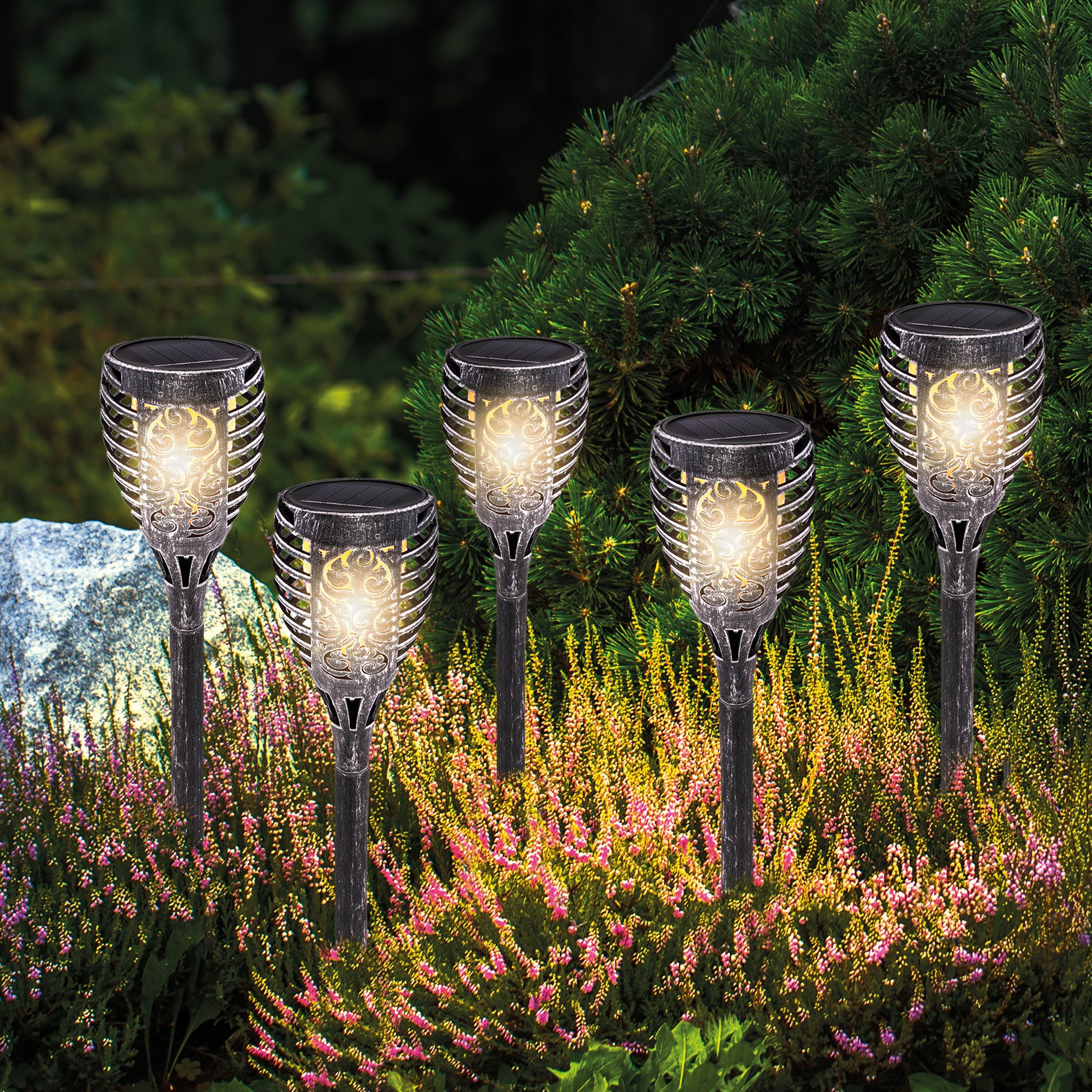 esotec LED Gartenfackel 5x Solar-Steckleuchten Bergamo H=32,5cm 1800K bernsteinfarben 102871