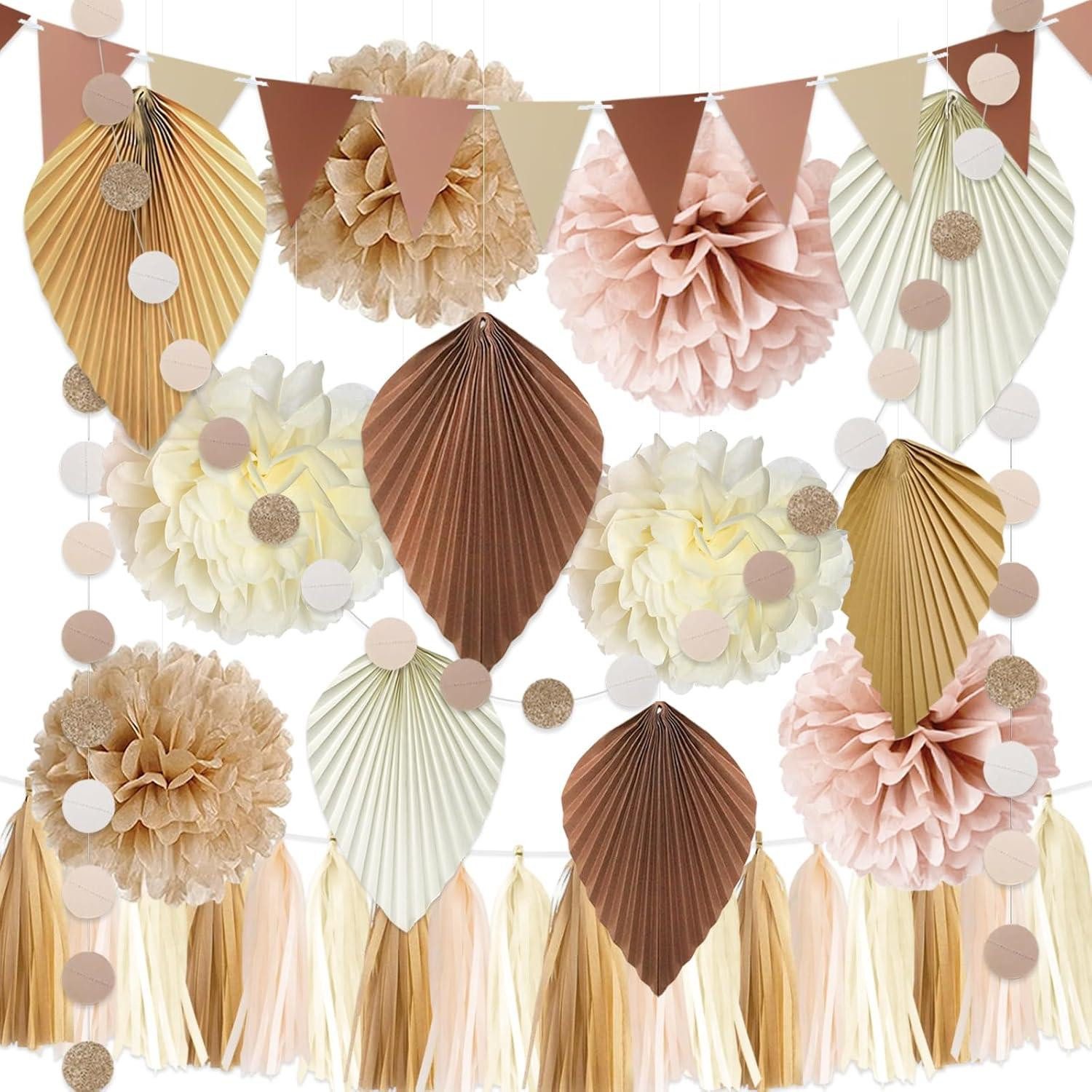Hängedekoration Boho Geburtstagsdeko Beige Pastell Party Set Pompons Girlande