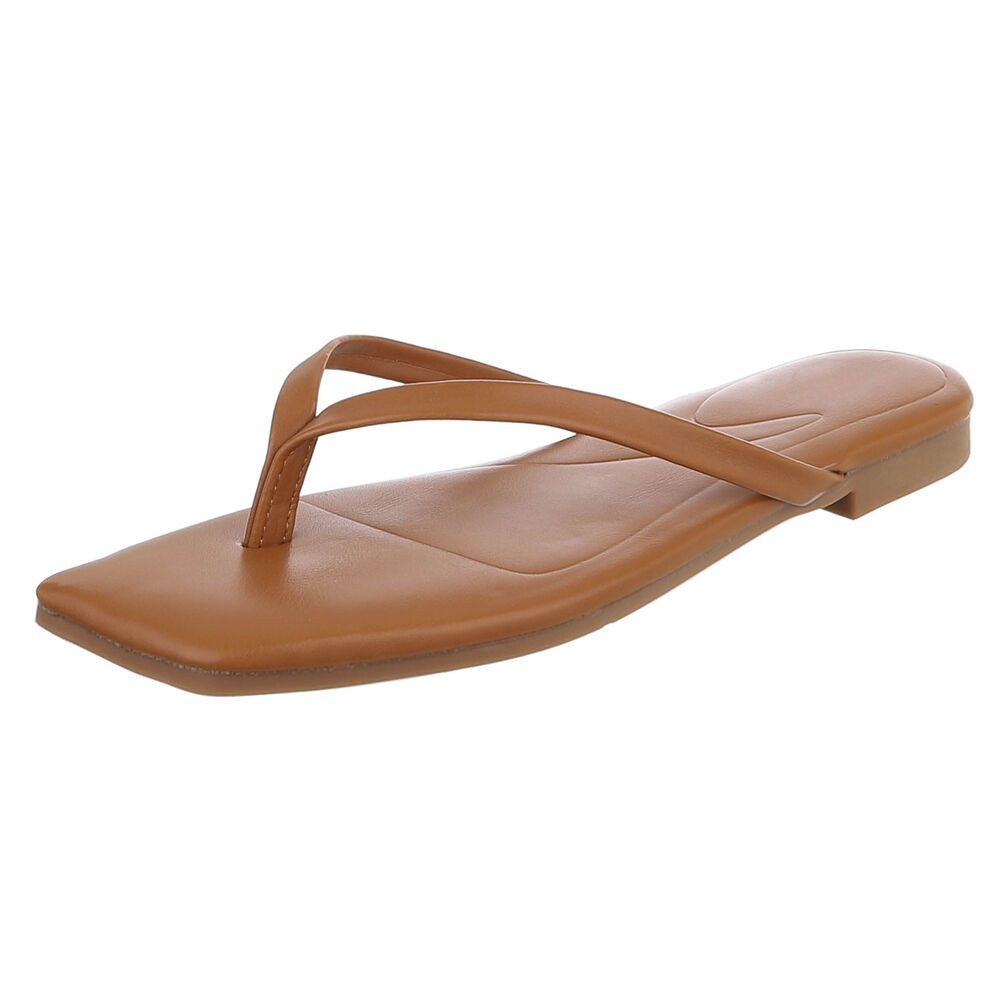 Ital-Design Minimalistische Damen Flip-Flops mit flacher Sohle Zehentrenner (91512433) Blockabsatz Zehentrenner in Camel