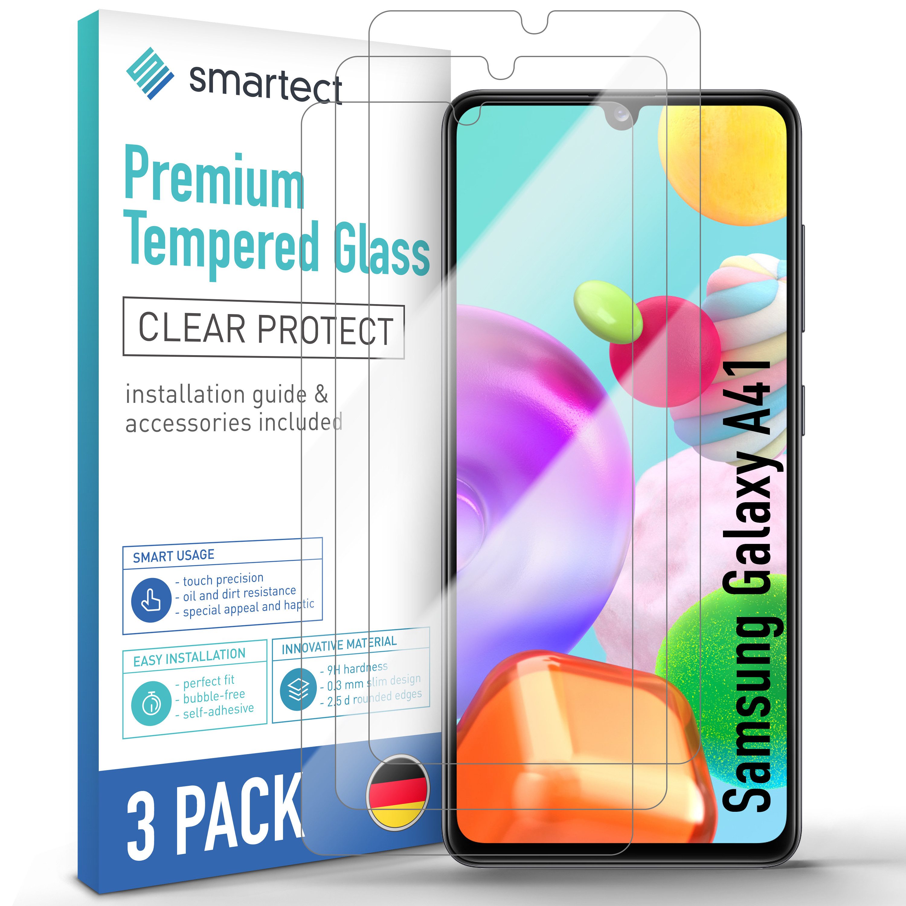 smartect Displayschutzglas Schutzglas Panzerfolie Klar für Samsung Galaxy A41, Set, 3 Stück, Schutzfolie Glasschutz Bildschirm