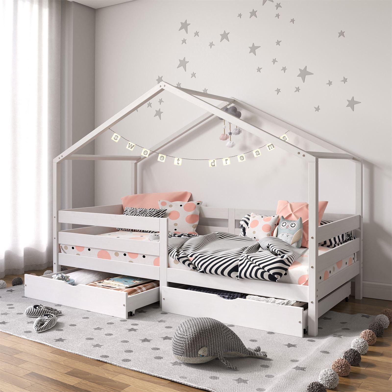IDIMEX Hausbett ENA, Kinderbett Hausform 90x190 cm aus Massivholz mit Rausfallschutz Weiß