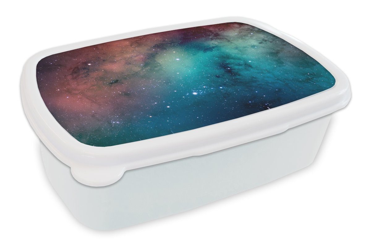 MuchoWow Lunchbox Aquarell - Sternenhimmel - Blau - Orange, Kunststoff, (2-tlg), Brotbox für Kinder und Erwachsene, Brotdose, für Jungs und Mädchen weiß