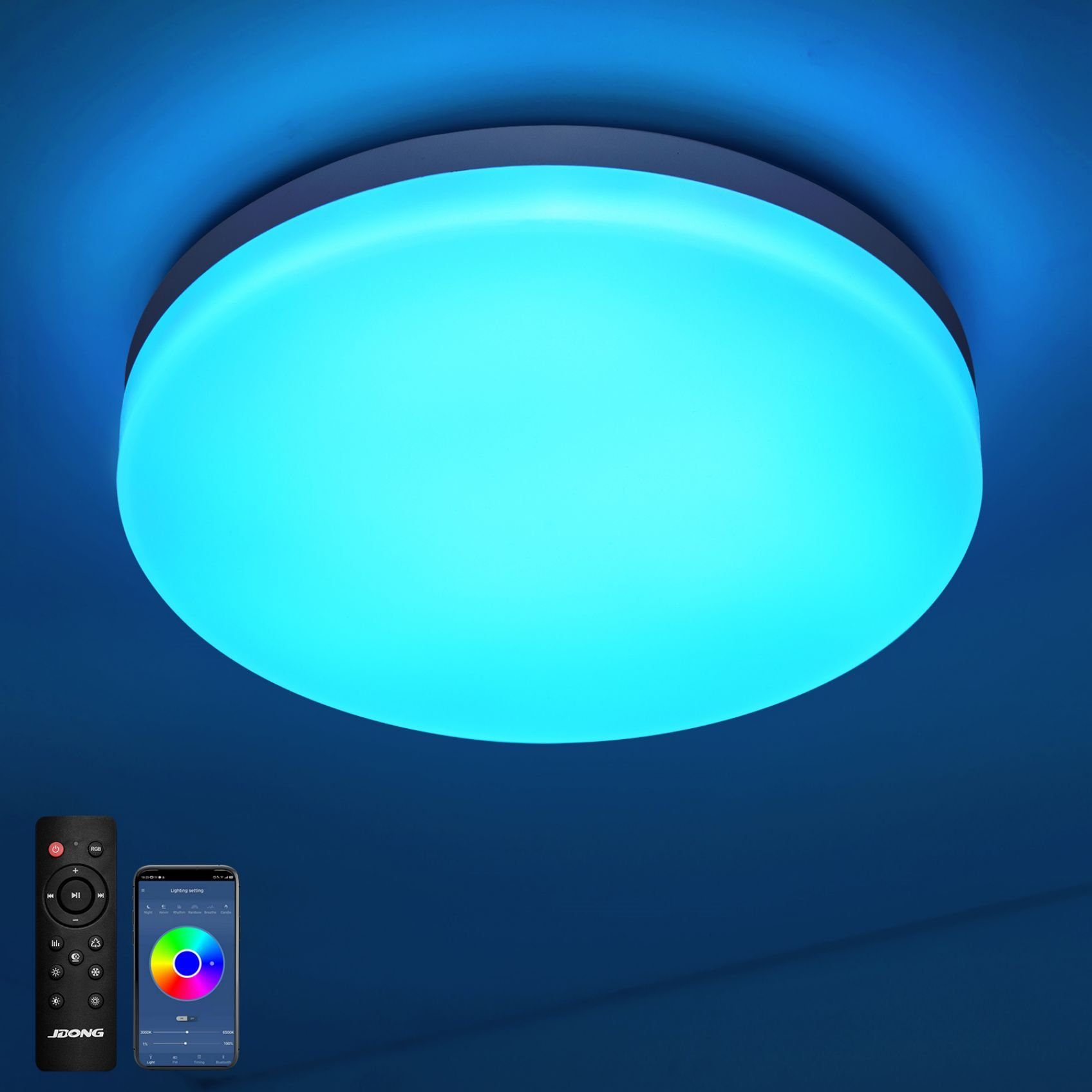 JDONG LED Deckenleuchte Doppelter Bluetooth Lautsprecher weißes Rauschen für besseren Schlaf, LED fest integriert, RGB Farbwechsel, dimmbar, Kaltweiß, Warmweiß, Neutralweiß, IP44 Wasserfest fur Schlafzimmer, Fernbedienung und APP-Steuerung