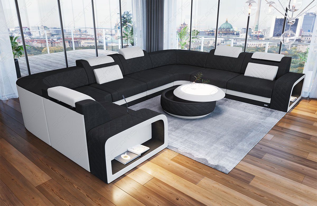 Sofa Dreams Wohnlandschaft Polster Couch Stoff Sofa Foggia U Form Stoffsofa, mit LED, Stauraum, USB Anschluss H14 Schwarz-Weiss