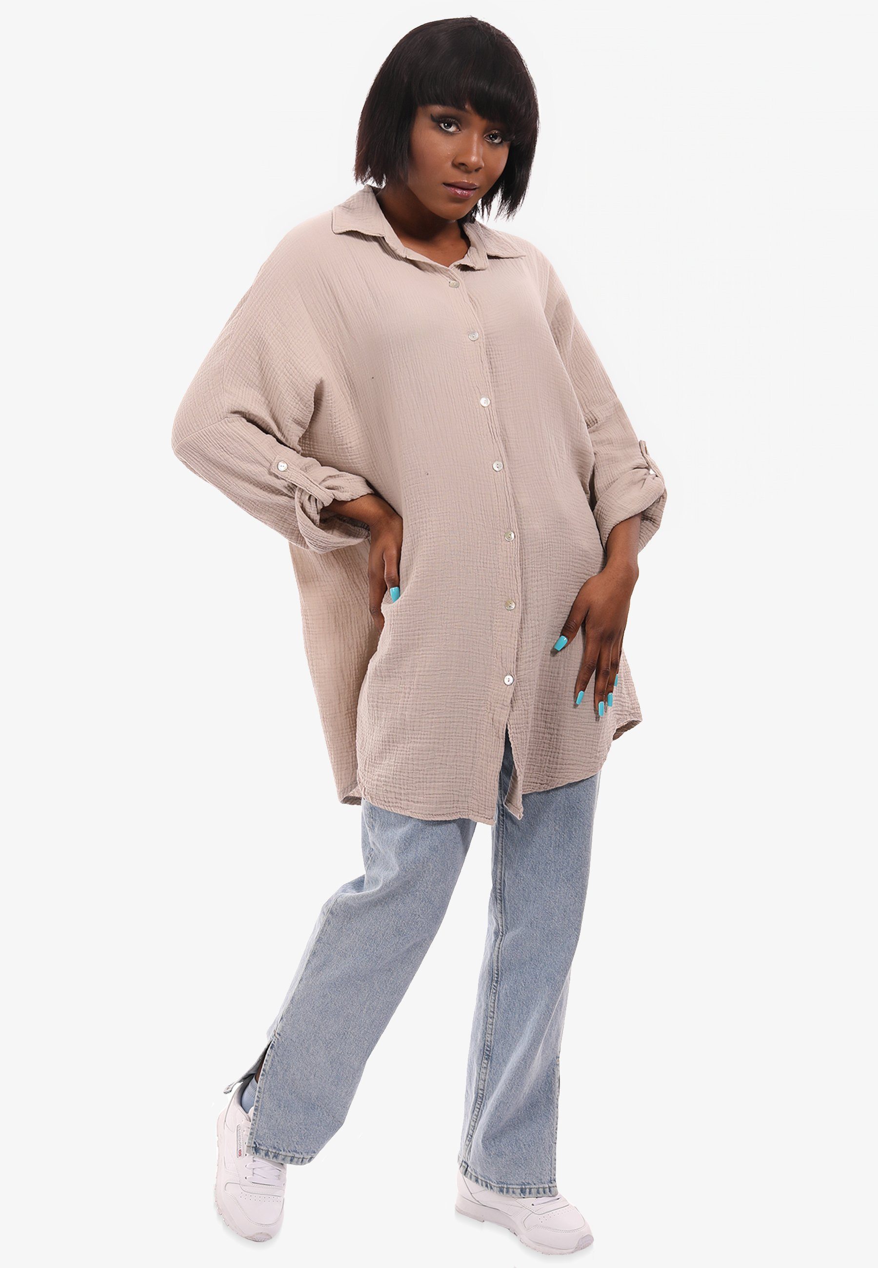 in YC XXL Style & Bluse Look Rückenmotiv beige Fashion One Size in Long Longbluse Oversized mit Unifarbe
