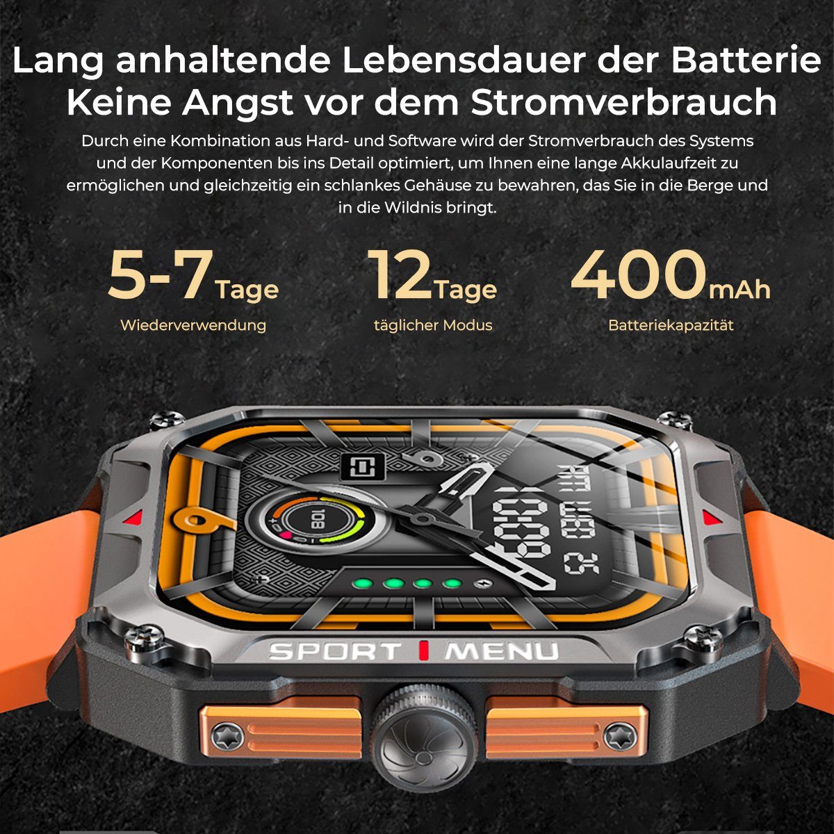 7Magic Smartwatch Herren Tracker, Outdoor Zoll), Sportuhr Wasserdicht (2.02 2,02” Schlafmonito Orange Telefonfunktion Touchscreen Damen Fitness Smartwatch mit IP68