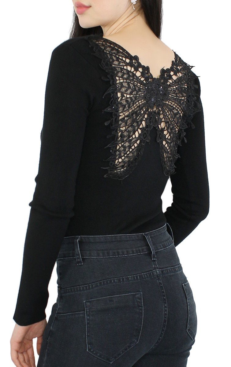 dy_mode V-Ausschnitt-Pullover Damen Pullover mit Spitze Rückenausschnitt  Strickpulli Langarmshirt in Unifarbe, mit Rückenauschnitt
