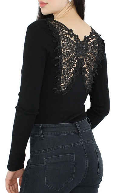 dy_mode V-Ausschnitt-Pullover »Damen Pullover mit Spitze Rückenausschnitt Strickpulli Langarmshirt« in Unifarbe, mit Rückenauschnitt