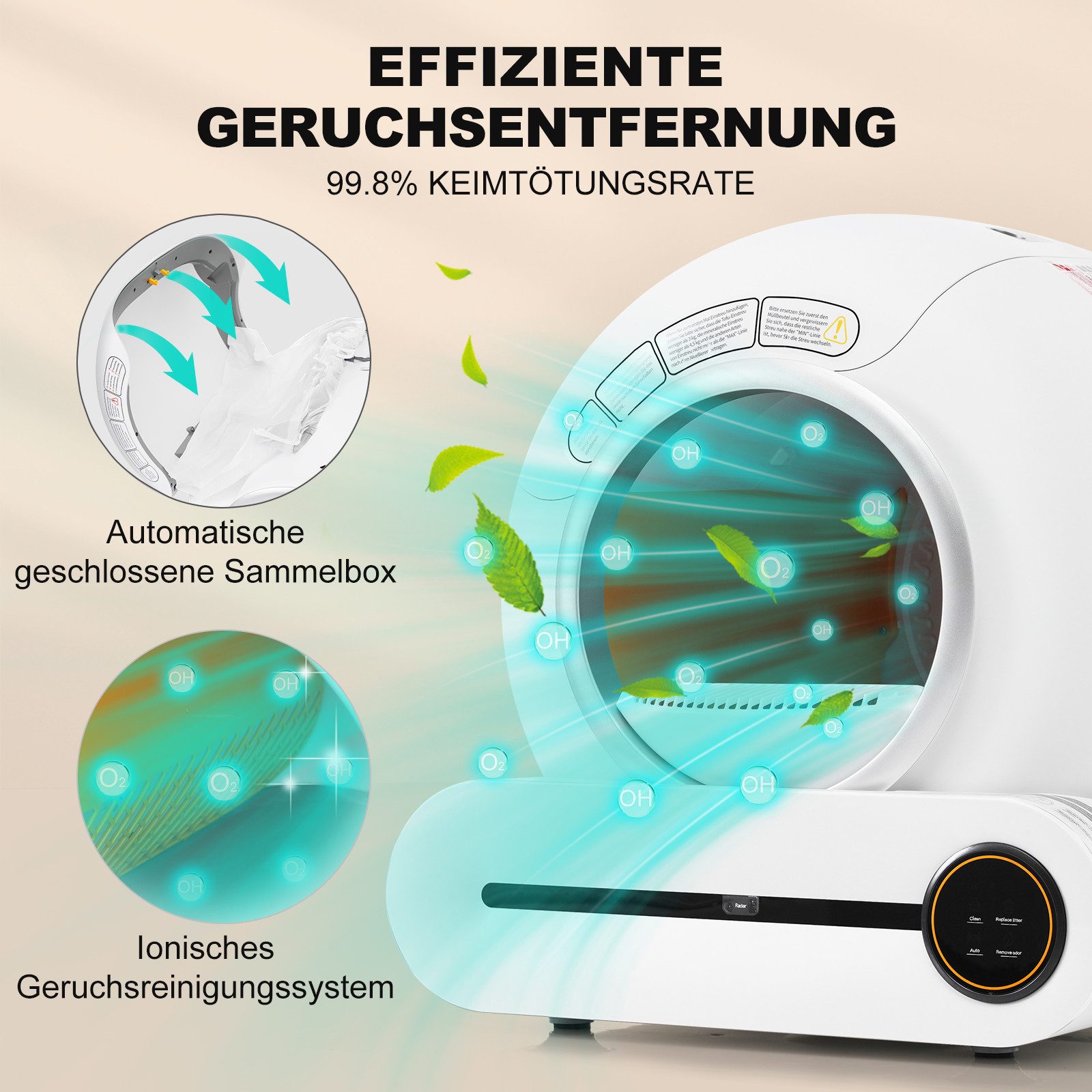 Rhein Beleuchtung Katzenecktoilette Selbstreinigende Katzentoilette 65L – Elektrisches Katzenklo mit App, Für große Katzen & Mehrkatzenhaushalt – robust & geräumig