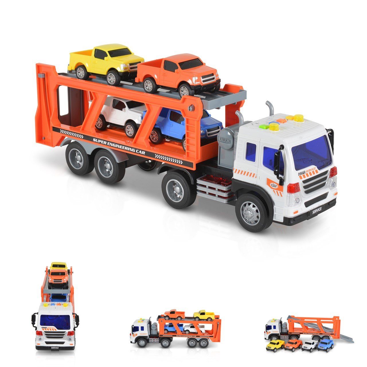 Moni Spielzeug-Auto Spielzeug Autotransporter, WY572A, Soundfunktion, 1:16, Ladefläche, 4 Autos