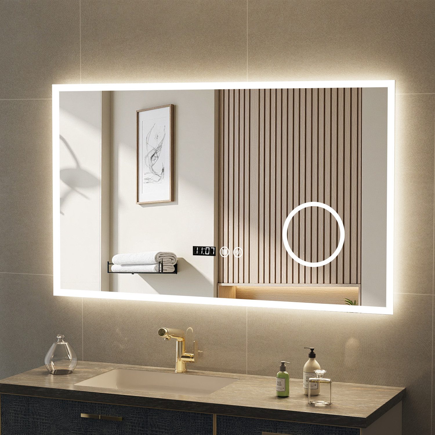 oyajia Badspiegel mit Beleuchtung LED Wandspiegel Antibeschlag Badspiegel 3X Spiegel, 3 Lichtfarben Dimmbare mit Touch-Steuerung, IP44, Memory Funktion, Uhr