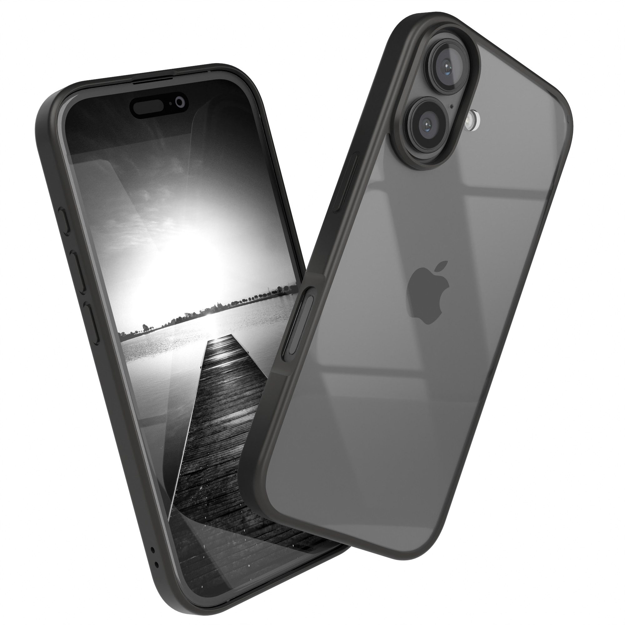 EAZY CASE Handyhülle Bumper Case für Apple iPhone 16 6,1 Zoll, Hülle Durchsichtig kratzfest Back Cover mit Displayschutz Schwarz